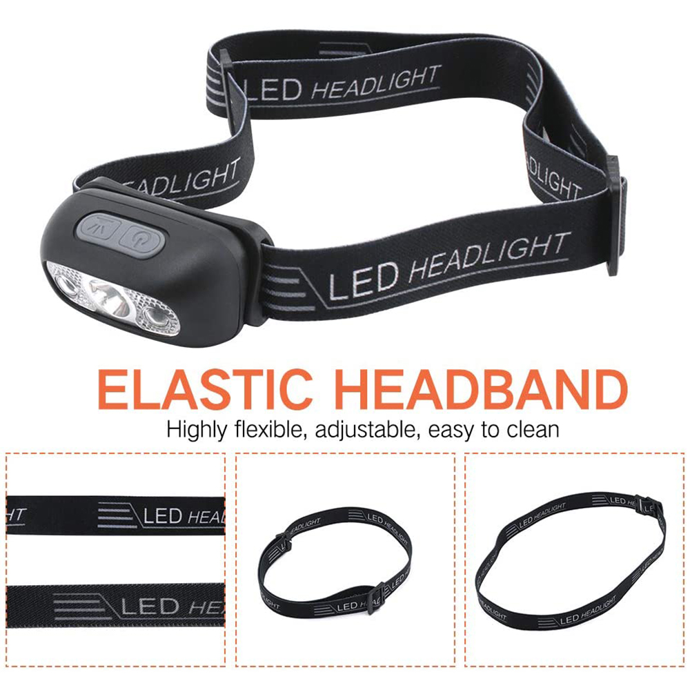 Schwarze Stirnlampe mit drei Lichtern auf einem schwarzen Stirnband. Die Worte "LED HEADLIGHT" sind sichtbar.