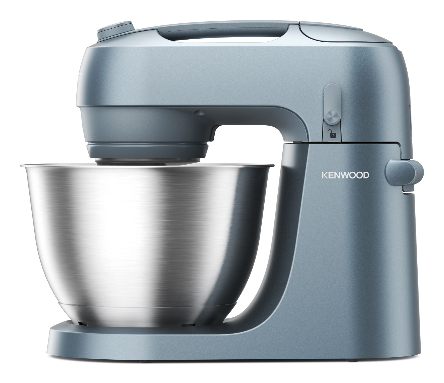 Ein blau-grauer Kenwood-Küchenmixer mit Edelstahlschüssel, platziert auf weißem Hintergrund.
