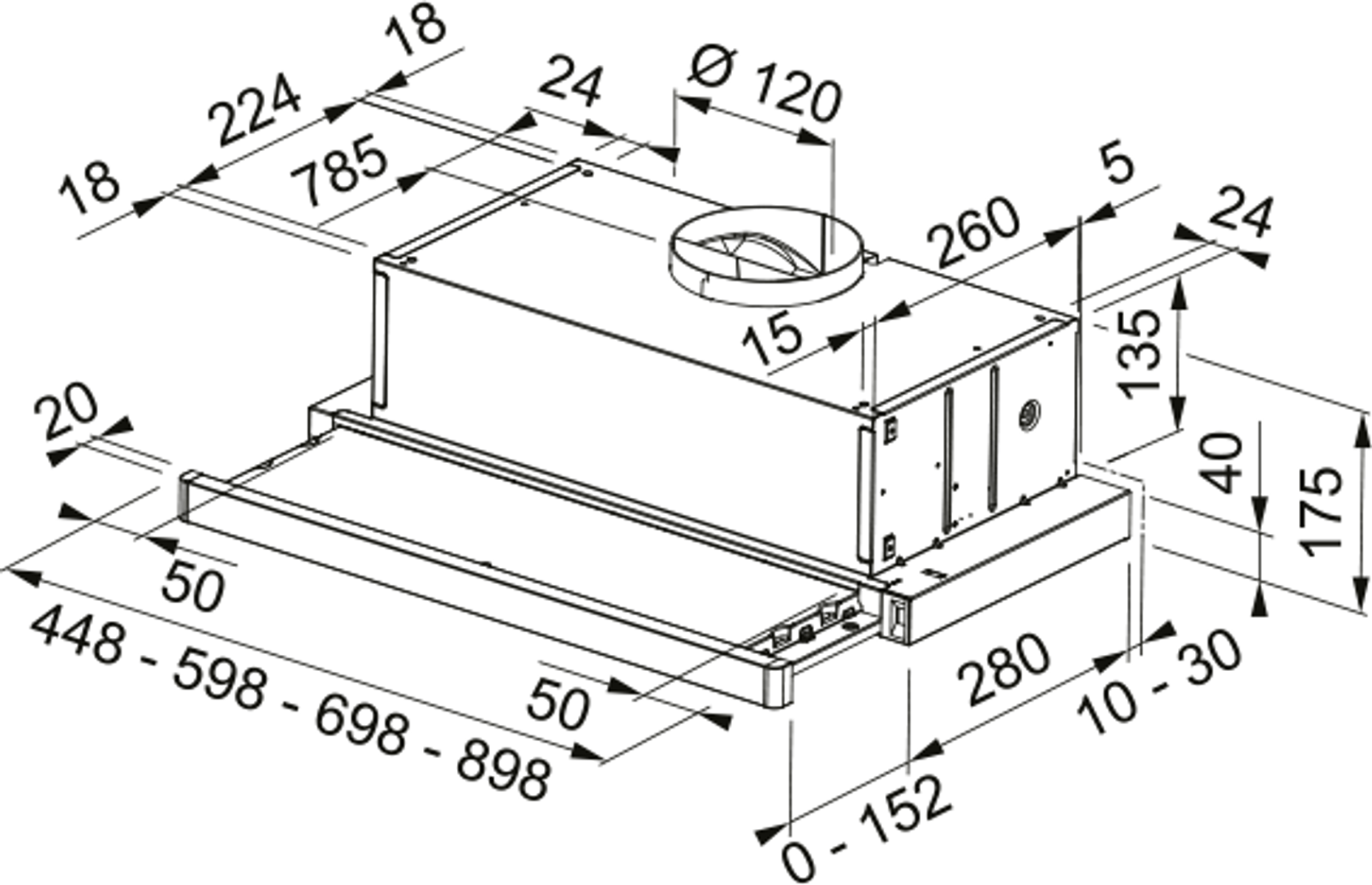 Un dibujo técnico de una campana extractora con dimensiones y medidas.