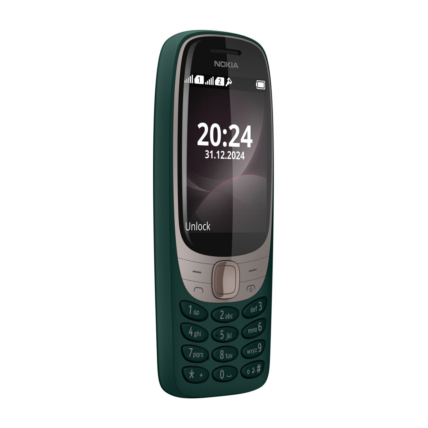Grünes Nokia-Telefon mit einem Bildschirm, der die Uhrzeit anzeigt. Es hat eine Tastatur unten. Der Hintergrund ist weiß.