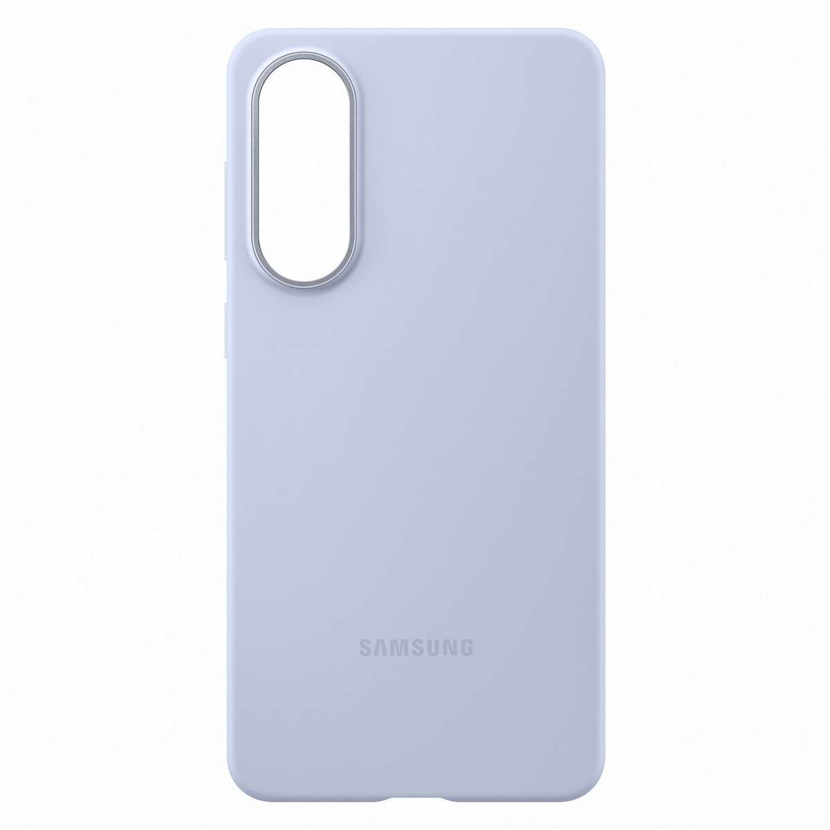 Une coque de téléphone bleu clair avec une ouverture pour la caméra et le logo Samsung.