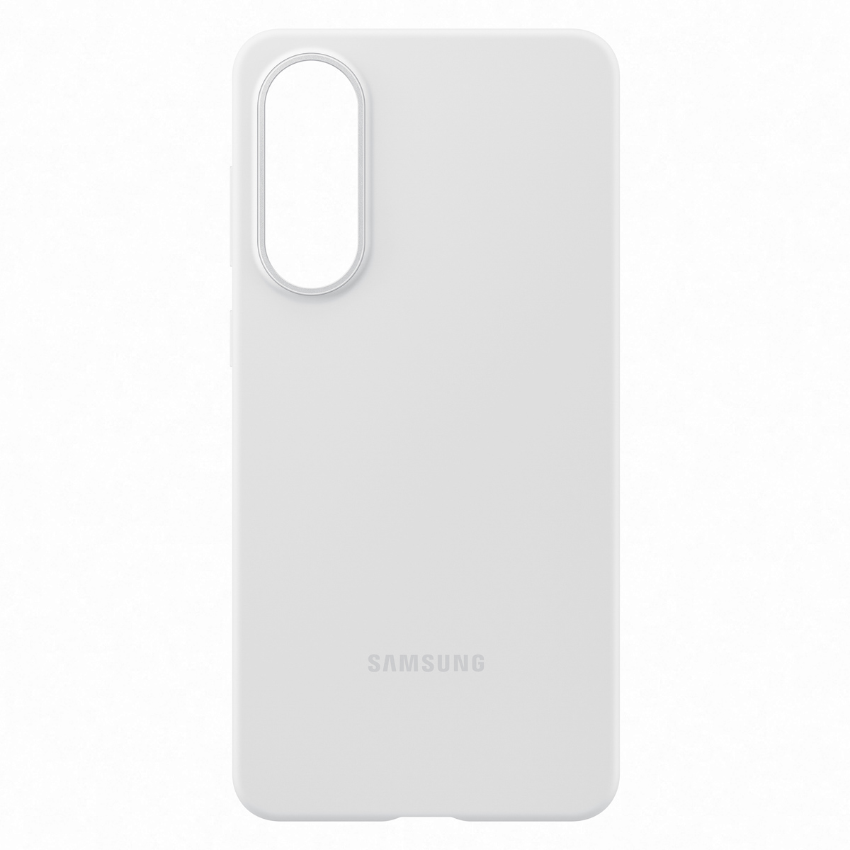 Custodia bianca per smartphone. Ha un ritaglio per la fotocamera e il logo Samsung.