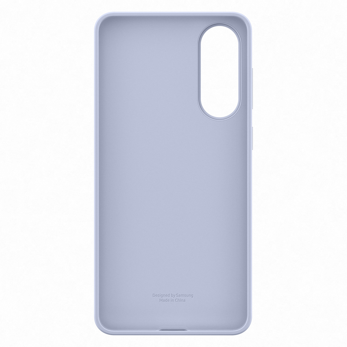 Une coque de téléphone bleu clair avec une ouverture pour la caméra et le logo Samsung.