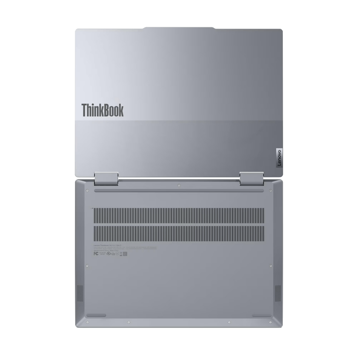 Parte trasera del portátil. La mitad superior está abierta, mostrando el logo ThinkBook. La inferior tiene ventilación y etiquetas.