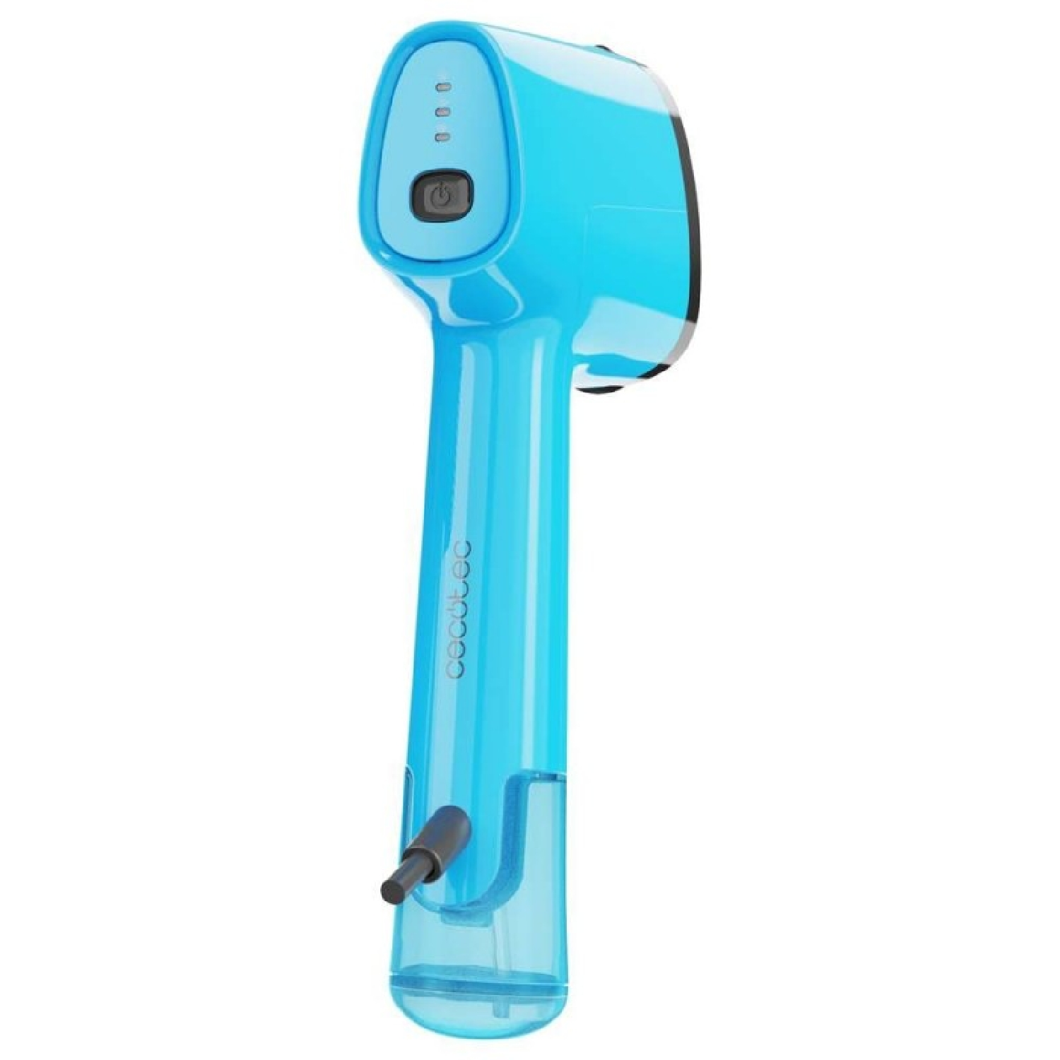 Un vaporizzatore per tessuti blu portatile con sfondo bianco e logo laterale.