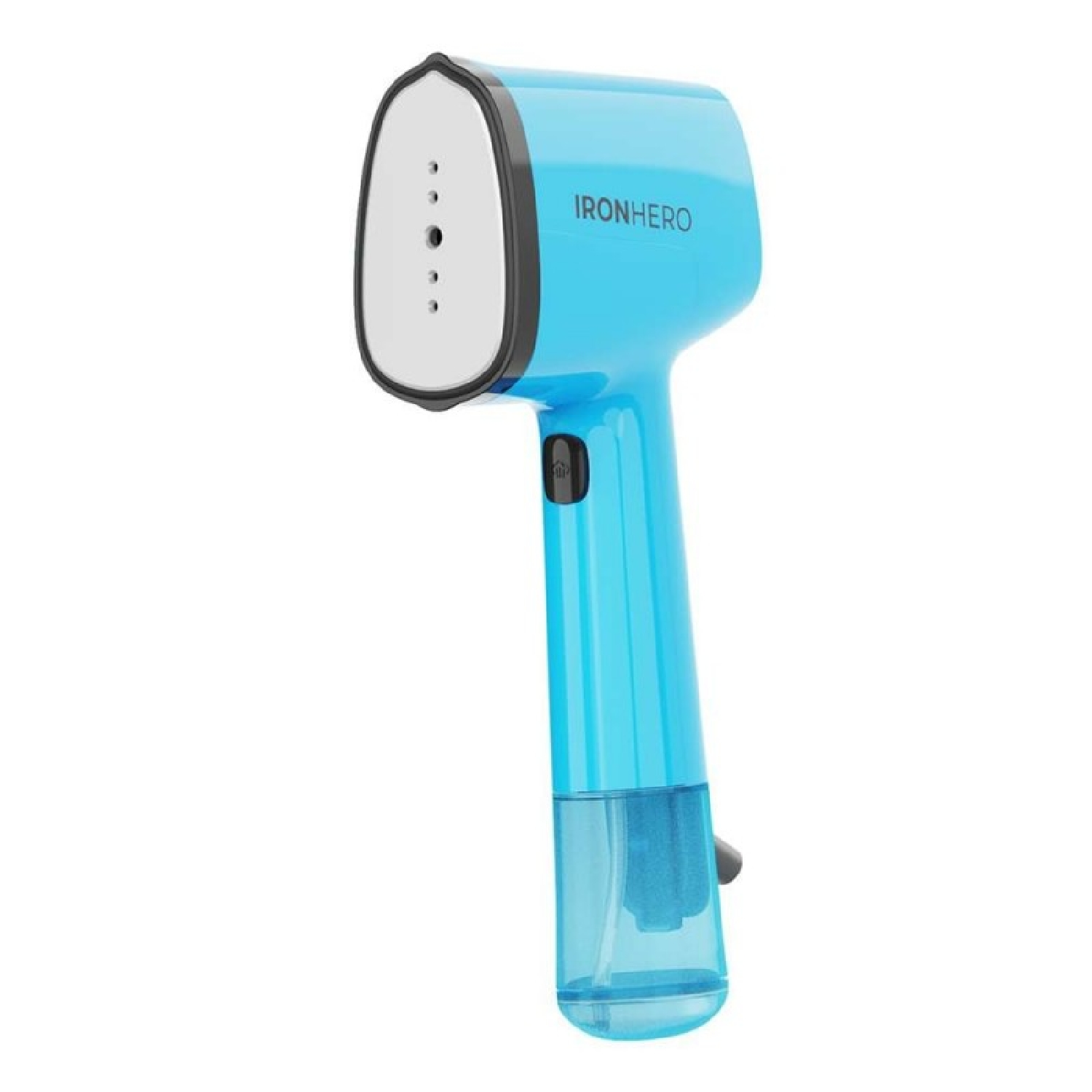 Vaporizzatore per tessuti blu con logo IRONHERO e accessori su sfondo bianco.