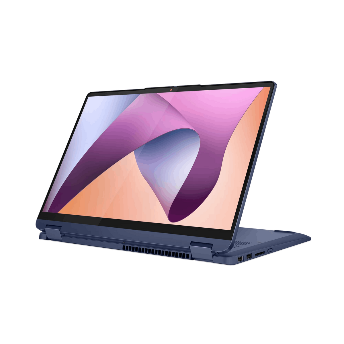 Laptop blu con schermo aperto. Lo schermo mostra un design astratto viola e arancione, su sfondo nero.