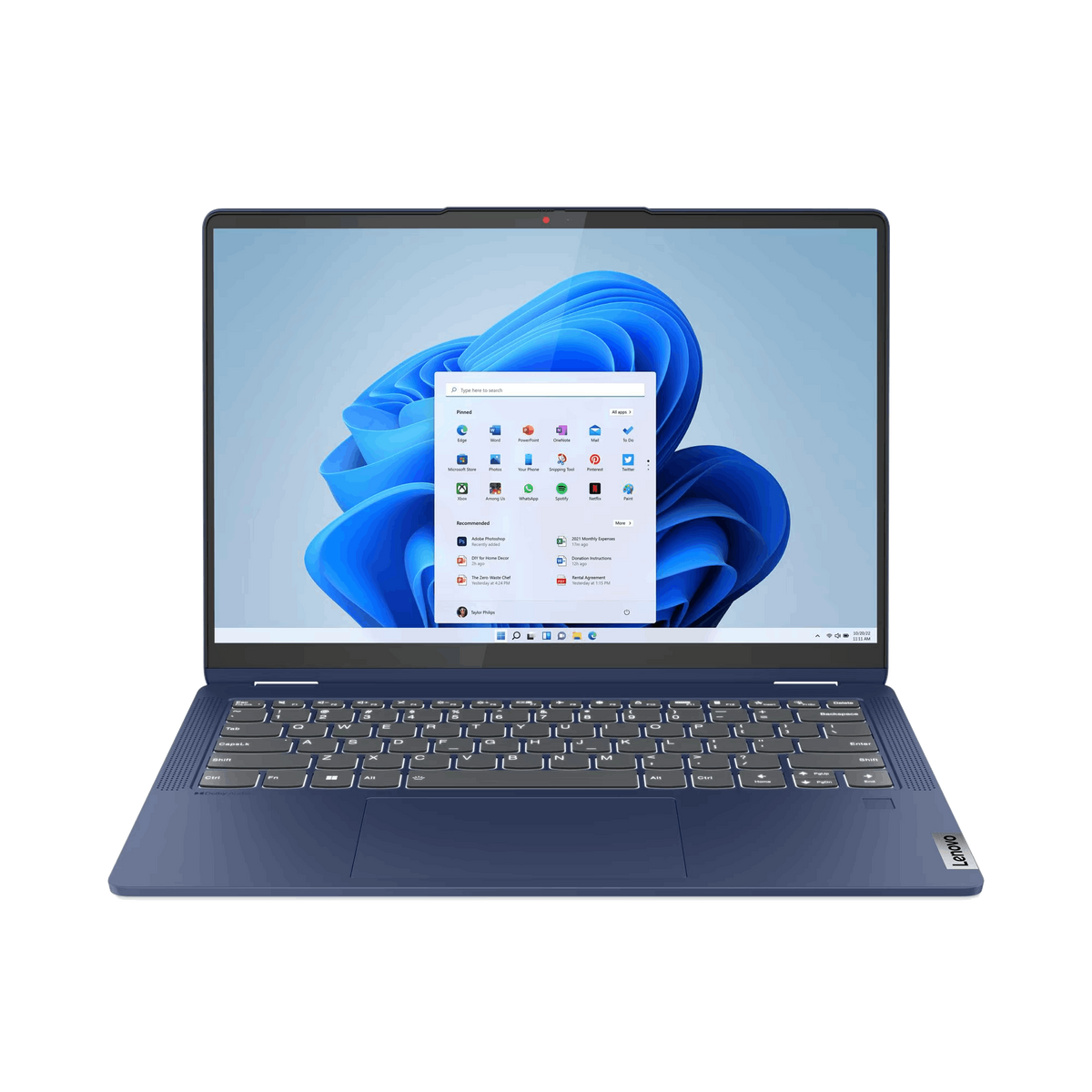 Laptop blu aperto. Lo schermo mostra un'interfaccia Windows con icone di app. Il laptop è su un tavolo.