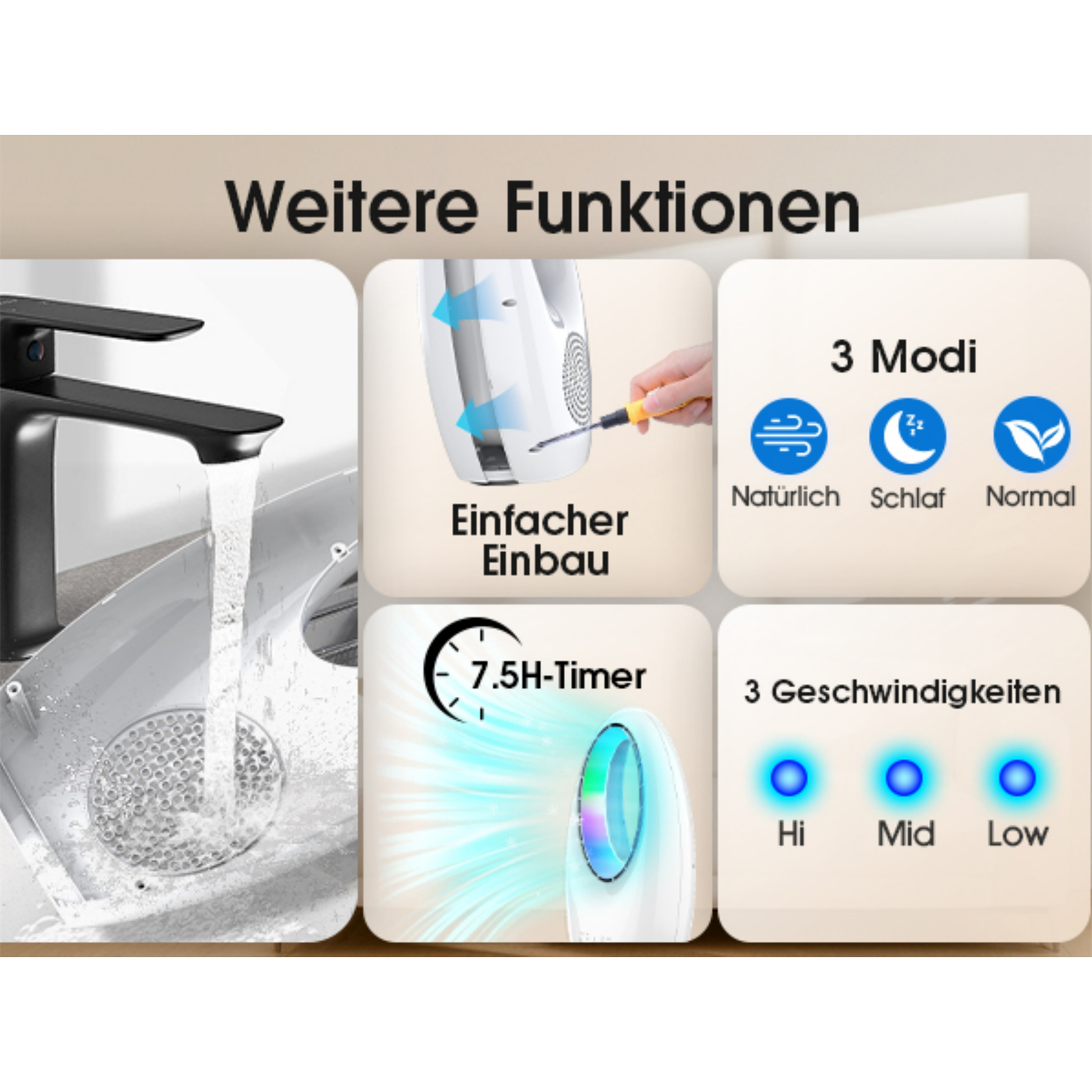 Bild zeigt einen schwarzen Wasserhahn mit Wasser, das in ein Waschbecken fließt. Weitere Bilder zeigen Produktmerkmale.