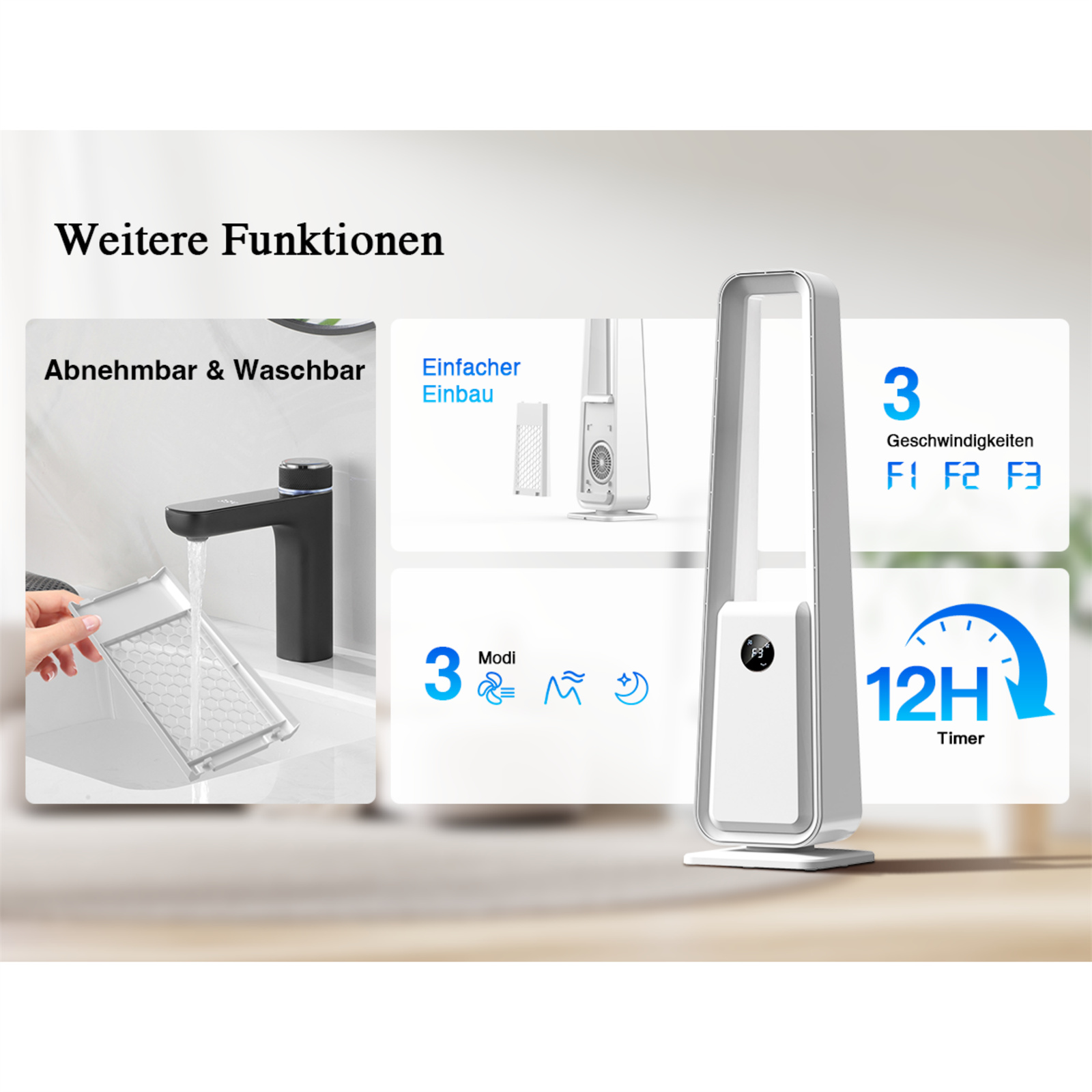 Das Bild zeigt einen schwarzen Wasserhahn, eine Hand, die einen Filter wäscht, und einen weißen Ventilator mit Text über Funktionen, Modi und Timer.