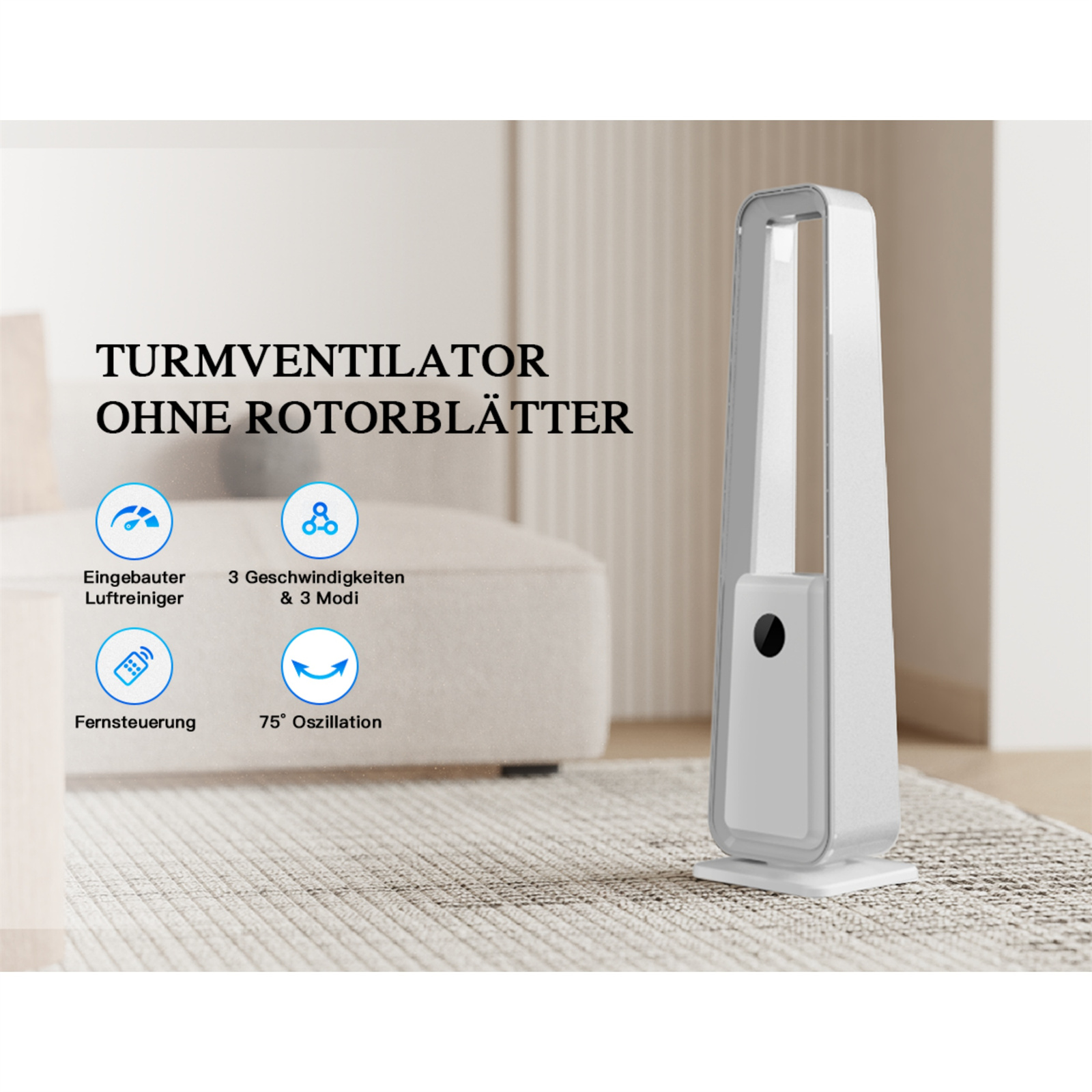 Das Bild zeigt einen weißen Turmventilator mit Bedienelementen und Symbolen. Text: 'Turmventilator ohne Rotorblätter'.