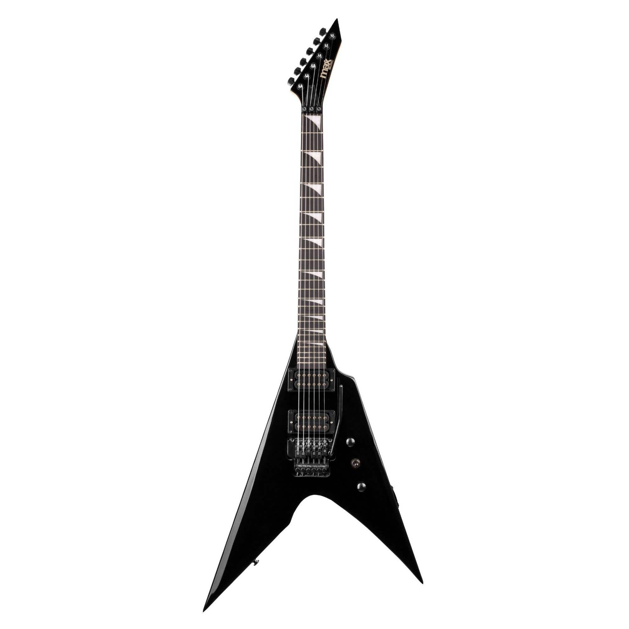 Una guitarra eléctrica negra, cuerpo en forma de V, con clavijero y diapasón blanco.