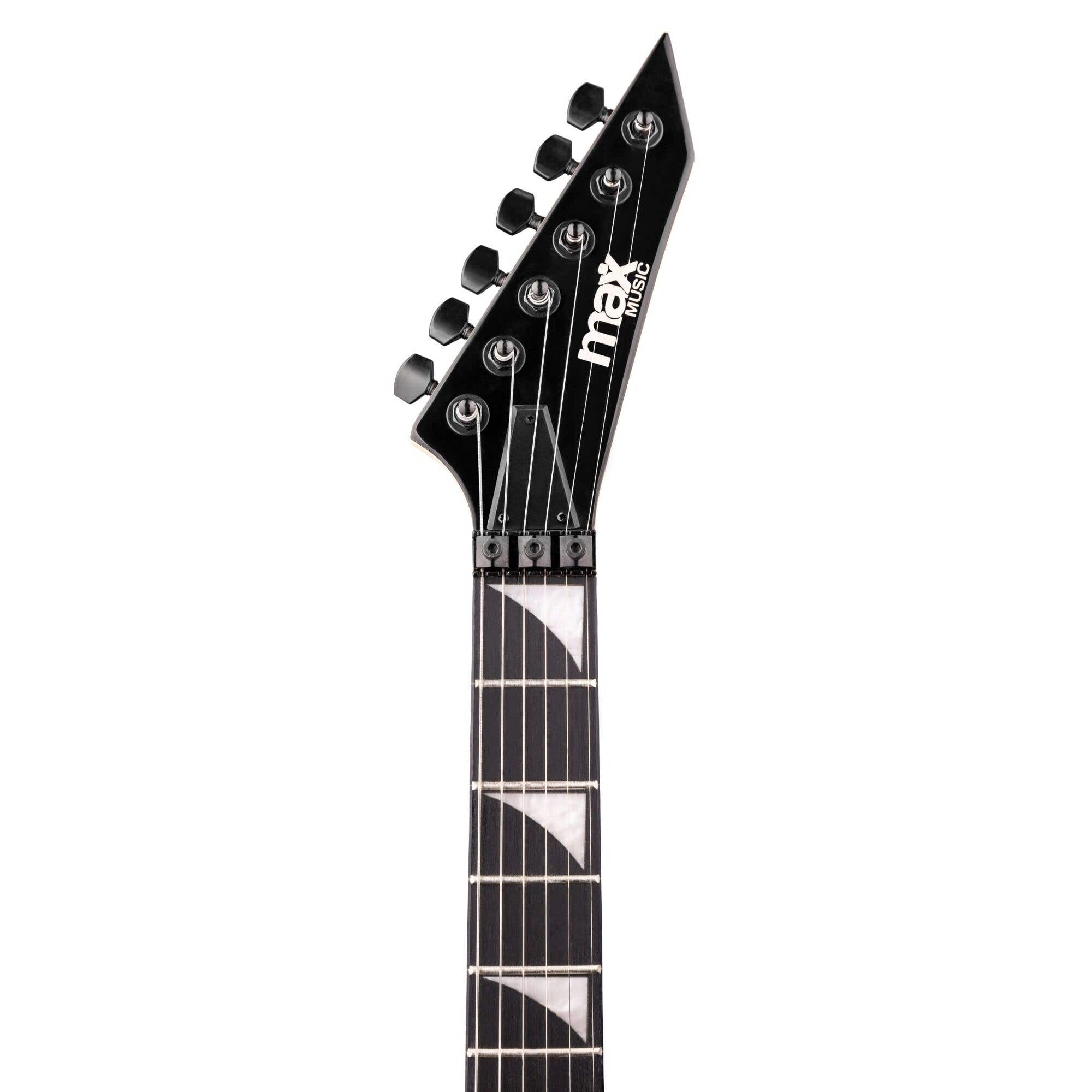 Primer plano del clavijero de guitarra negra, con clavijas y nombre de la marca.