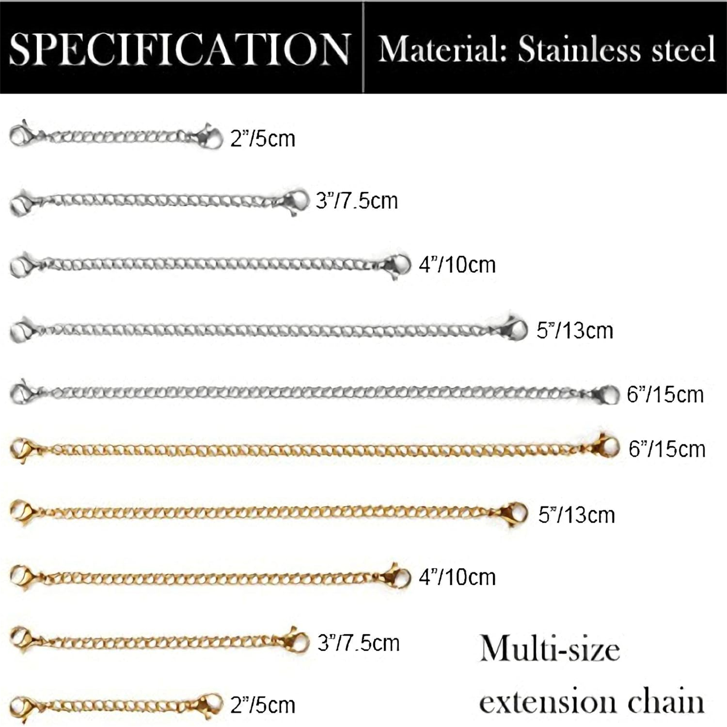 Spezifikationstabelle für mehrfach große Verlängerungsketten in Gold und Silber mit Karabinerhaken.