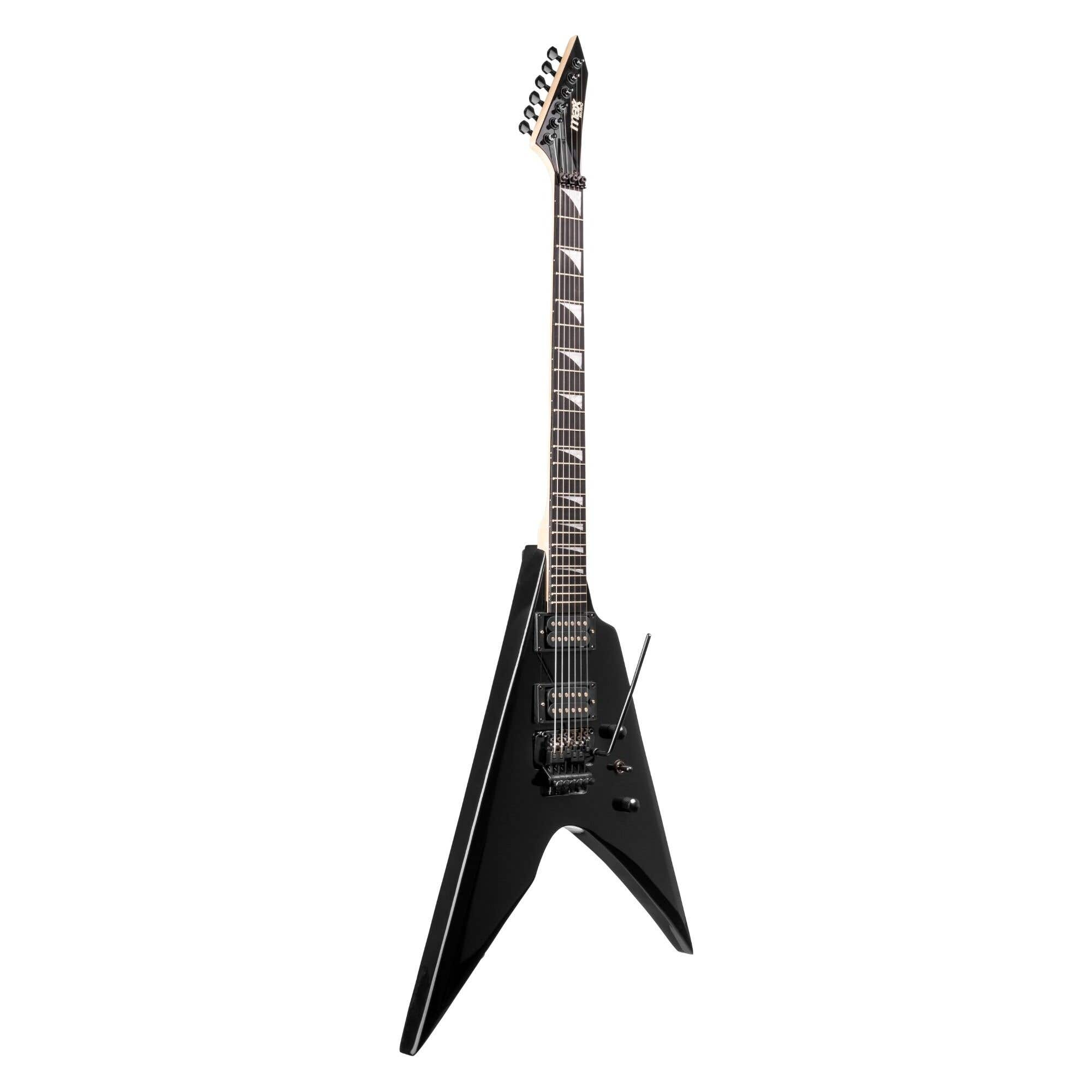 Una guitarra eléctrica negra, cuerpo en forma de V, con clavijero y diapasón blanco.