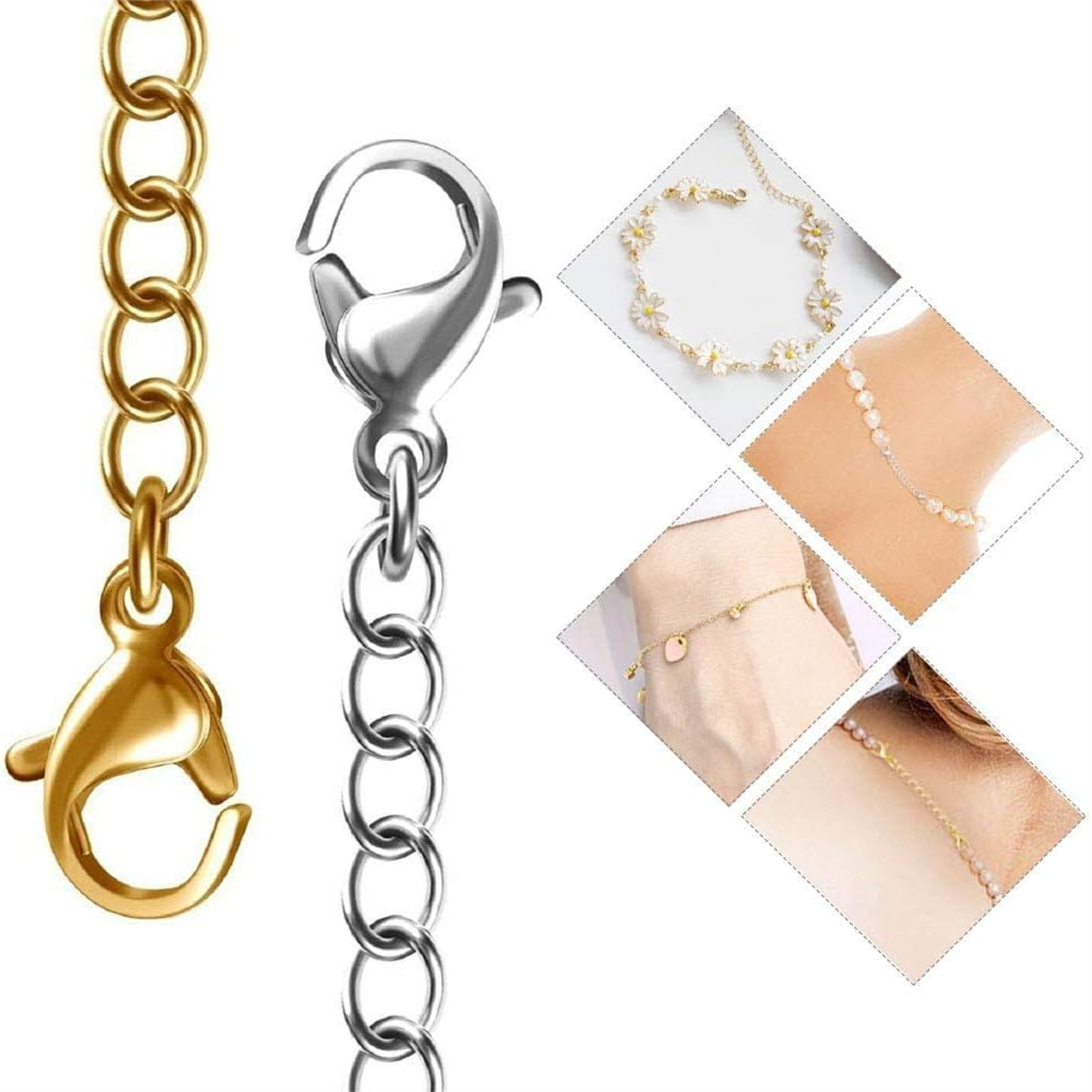 Gold- und silberfarbene Schmuckkettenverlängerungen mit Karabinerverschlüssen und Schmuck.