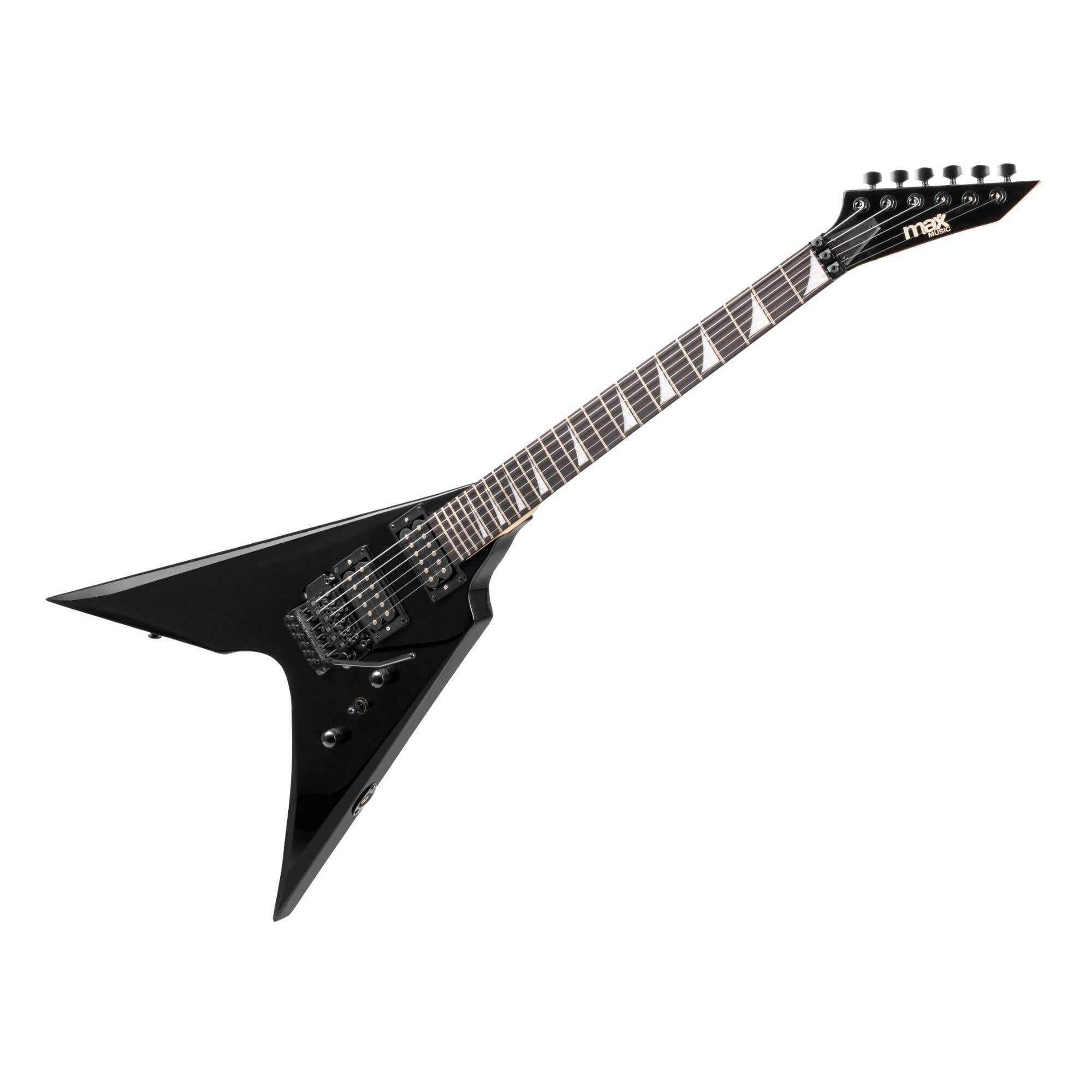 Guitarra eléctrica negra, cuerpo en forma de V, con clavijero y diapasón blanco.