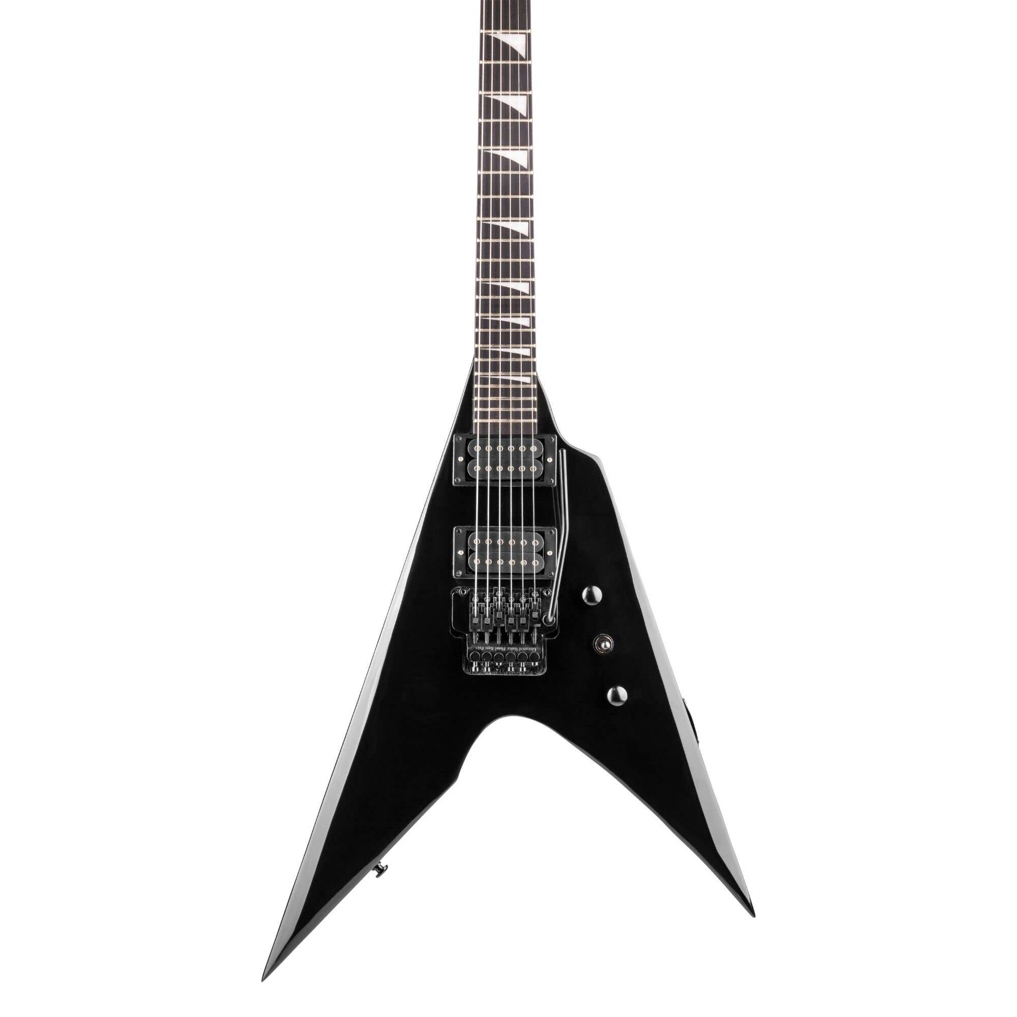 Una guitarra eléctrica negra con cuerpo en forma de V, fondo blanco.
