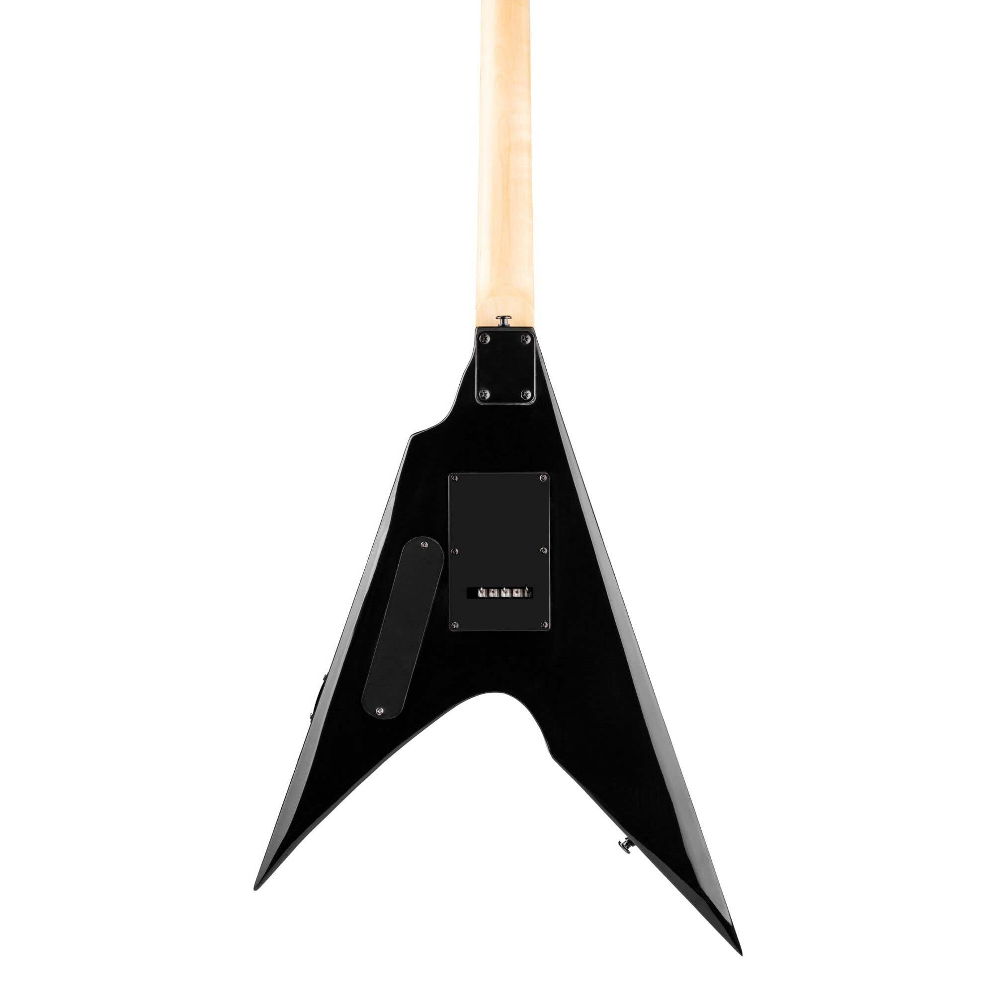 Vista trasera de una guitarra eléctrica negra en forma de V, mostrando la parte trasera del cuerpo.