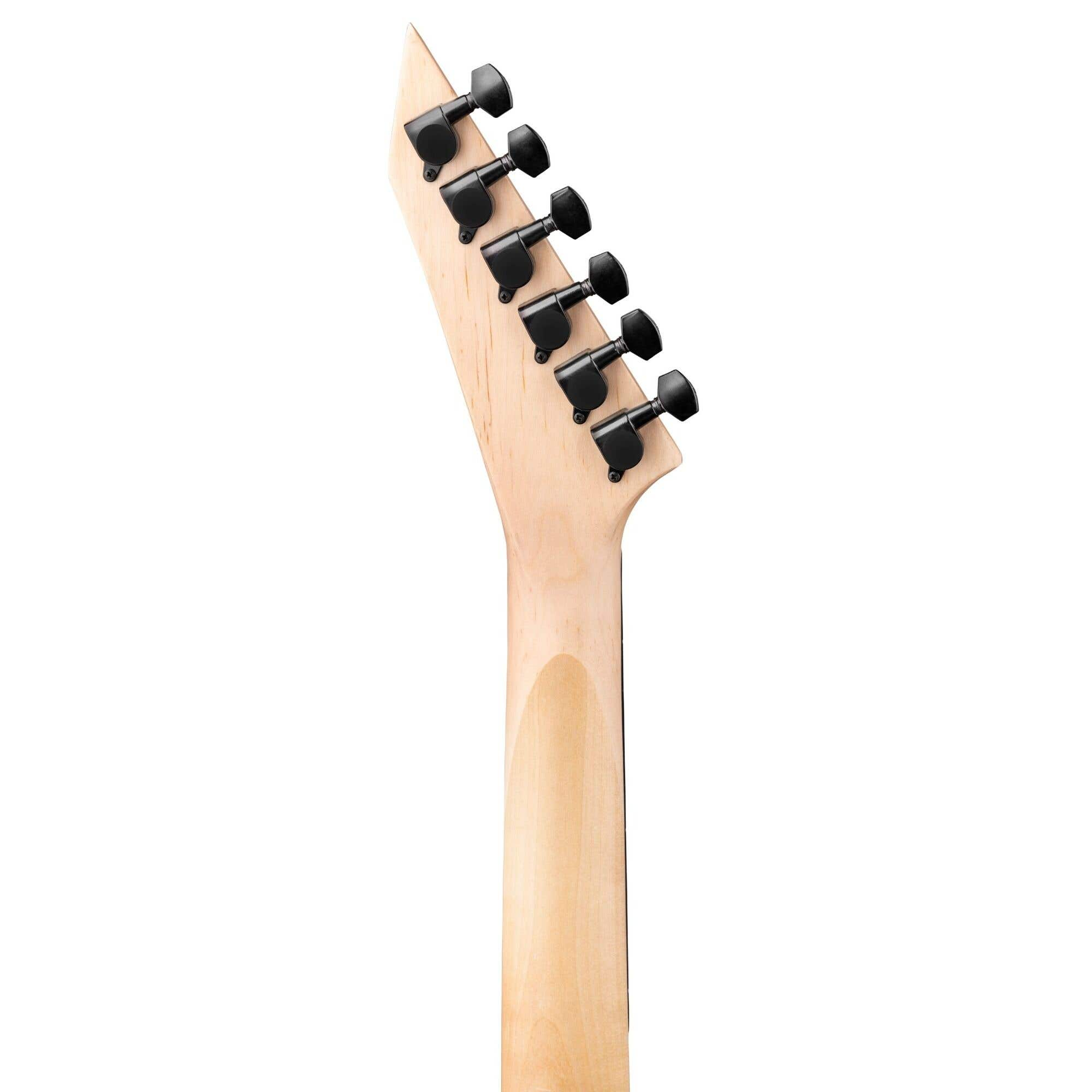 El clavijero de una guitarra con clavijas negras, acabado en madera natural.