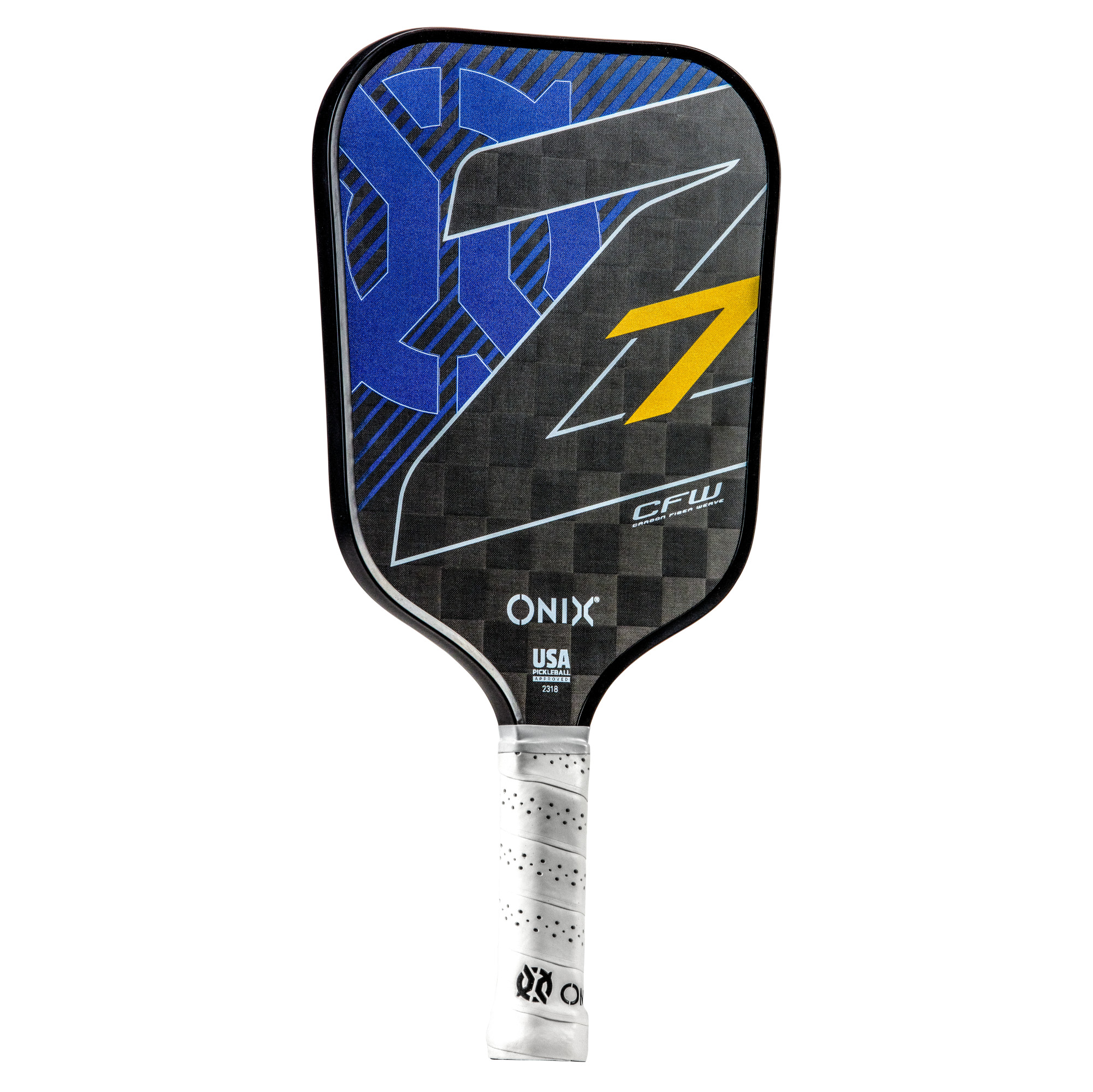 Ein schwarz-blauer Pickleball-Schläger. Der Schläger hat einen weißen Griff und das Wort ONIX darauf.