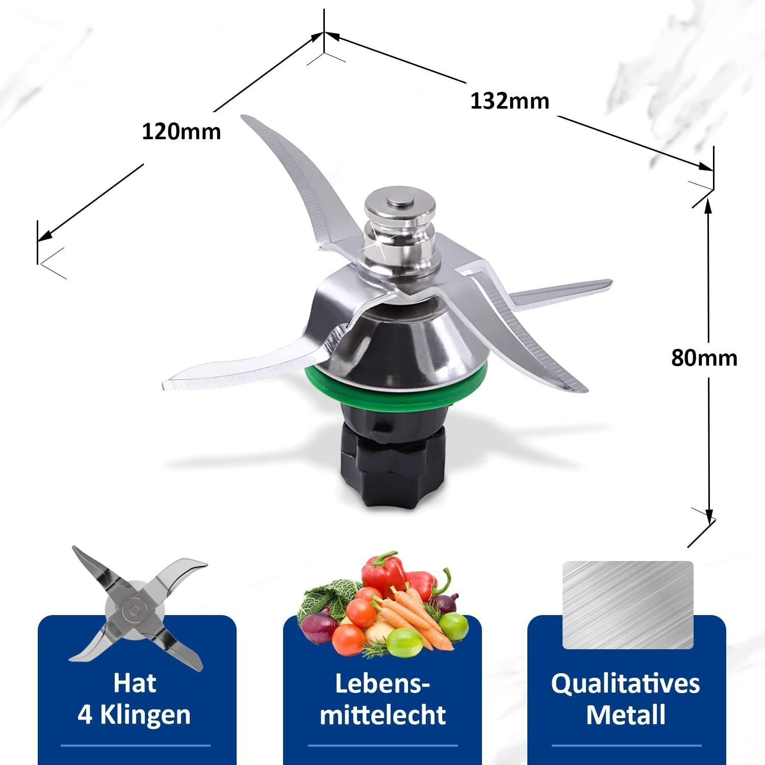 Das Bild zeigt die Klinge eines Foodprozessors mit Abmessungen und Symbolen für 4 Klingen, Gemüse und Metall.