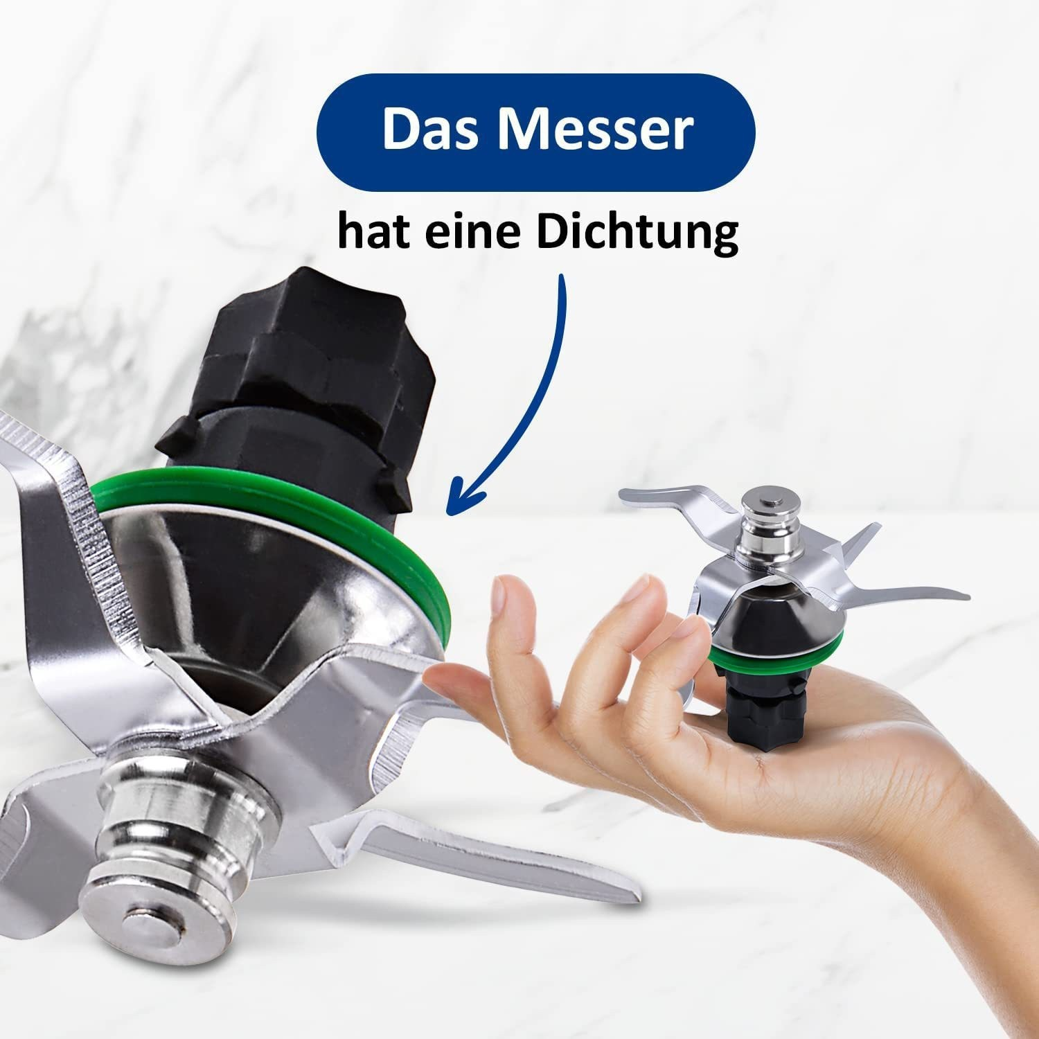 Eine Hand hält eine Klinge mit grünem Dichtungsring, deutscher Text.