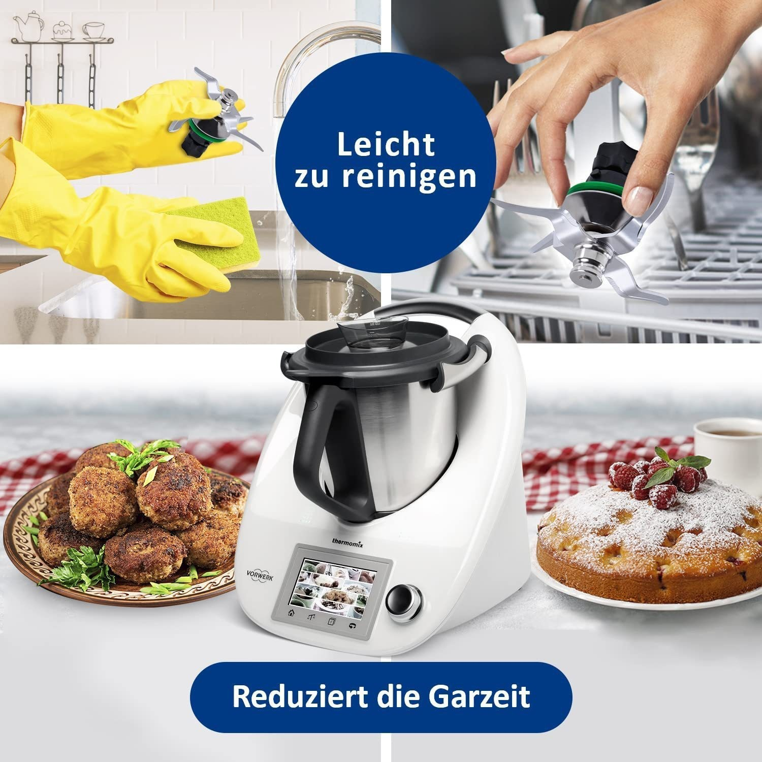 Das Bild zeigt einen Küchenhelfer mit Zubehör. Enthält Text auf Deutsch: leicht zu reinigen, reduziert die Garzeit.
