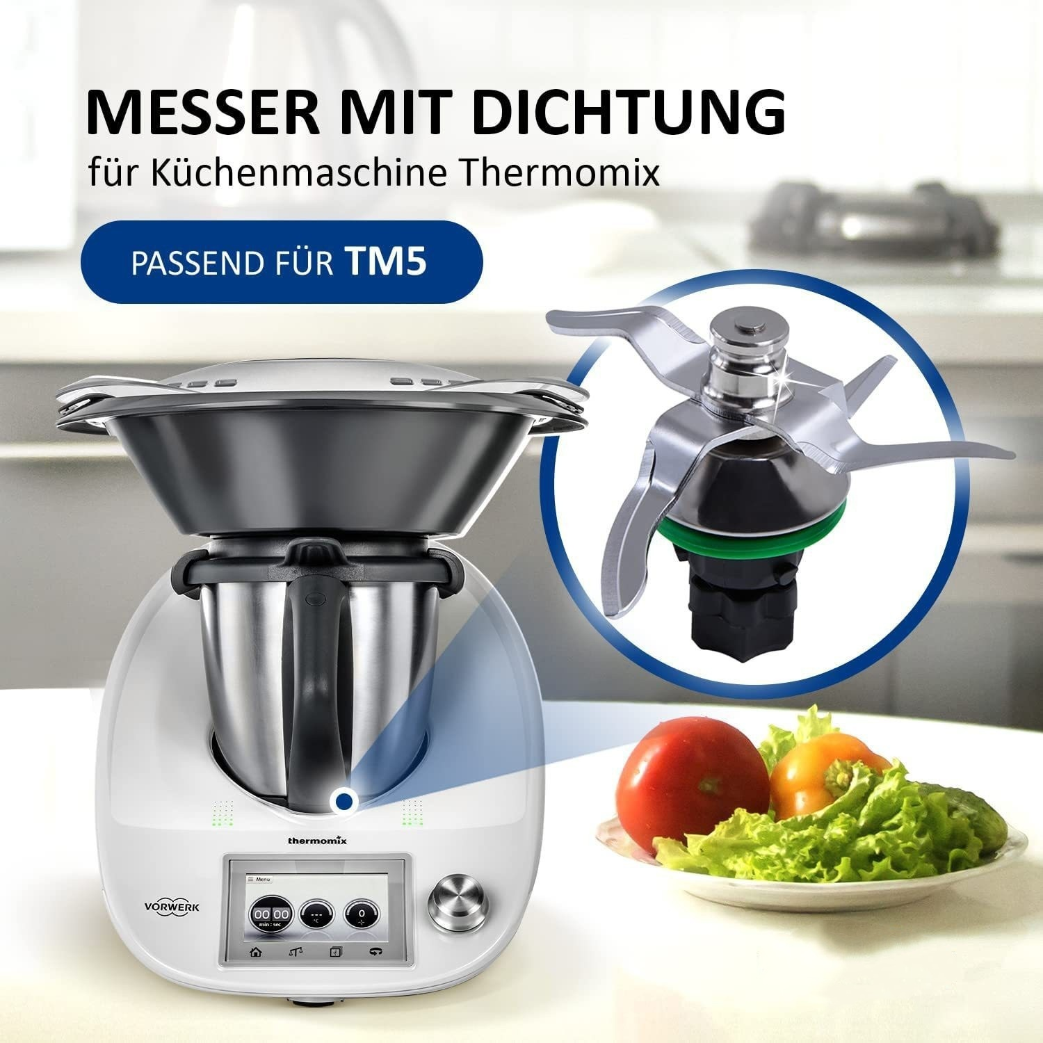 Das Bild zeigt einen Küchenhelfer mit Klinge. Text sagt: Klinge mit Dichtung für Thermomix, passend für TM5.