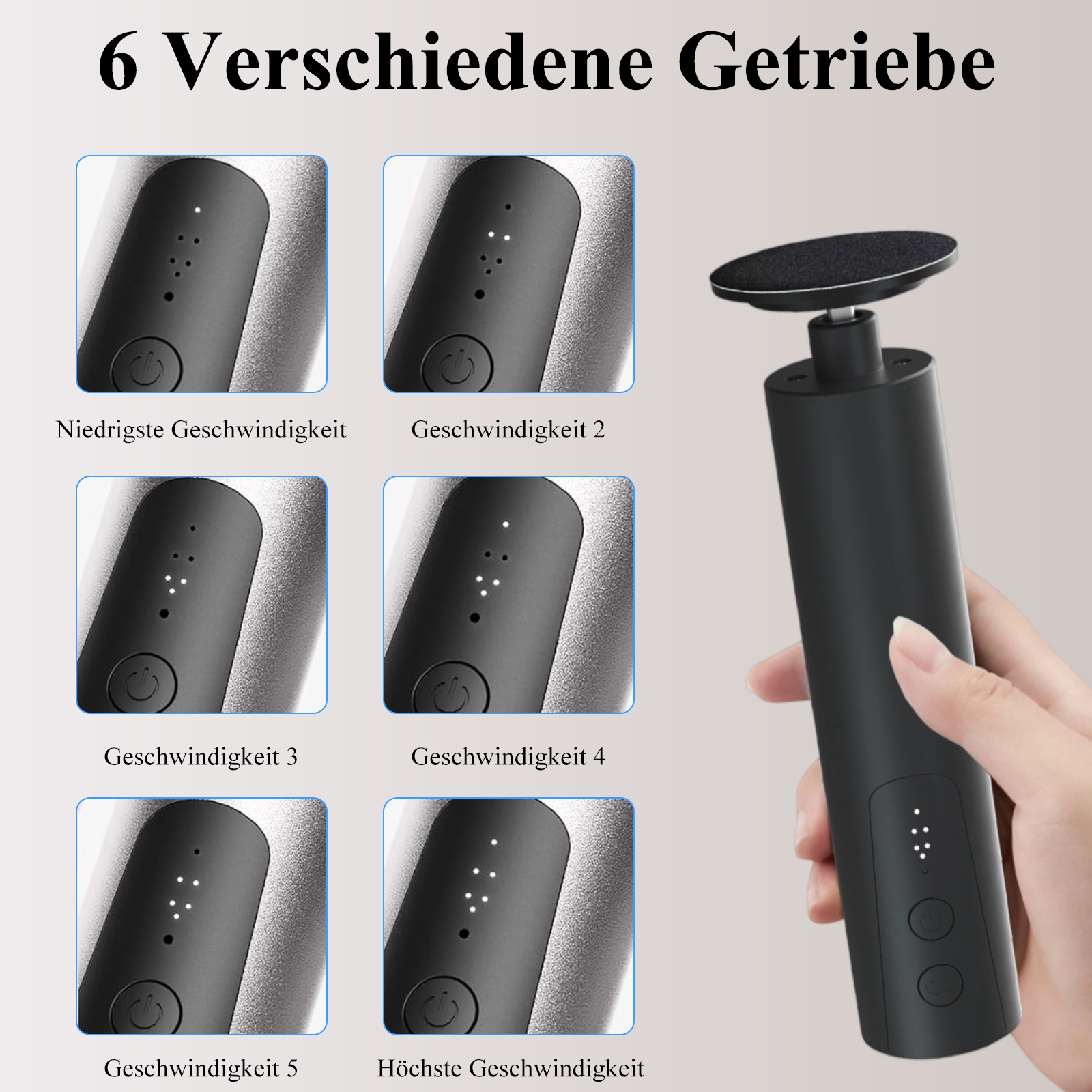 Das Bild zeigt ein schwarzes Gerät mit sechs verschiedenen Geschwindigkeitseinstellungen. Das Gerät hat einen Nagelfeilaufsatz.