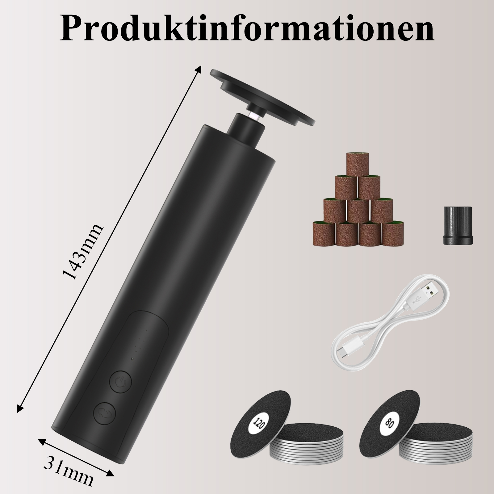 Ein schwarzes Gerät mit Schleifscheibe, Zubehör und Abmessungen, präsentiert vor hellem Hintergrund.