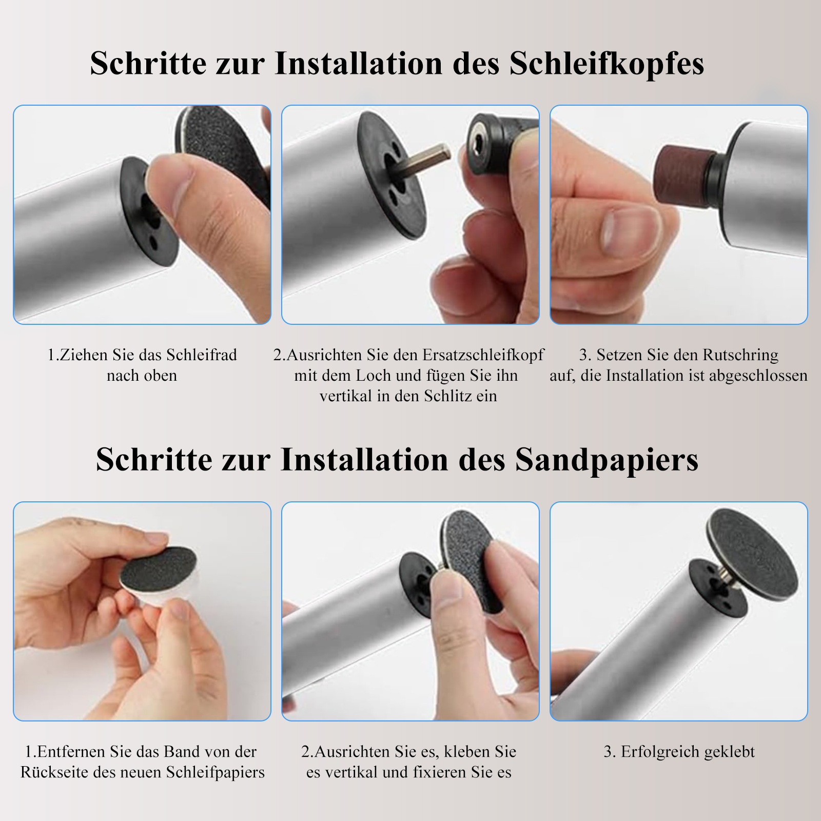 Anleitungsbilder für ein Schleifgerät. Schritte mit Nahaufnahmen von Teilen und Aktionen, weißer Hintergrund.