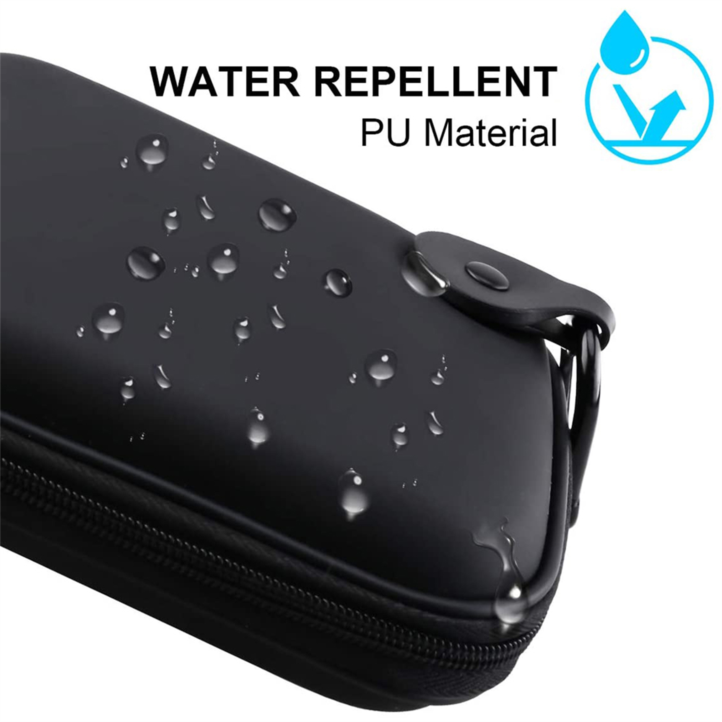 Schwarzes Etui mit Wassertropfen, zeigt die wasserabweisende Eigenschaft des PU-Materials.