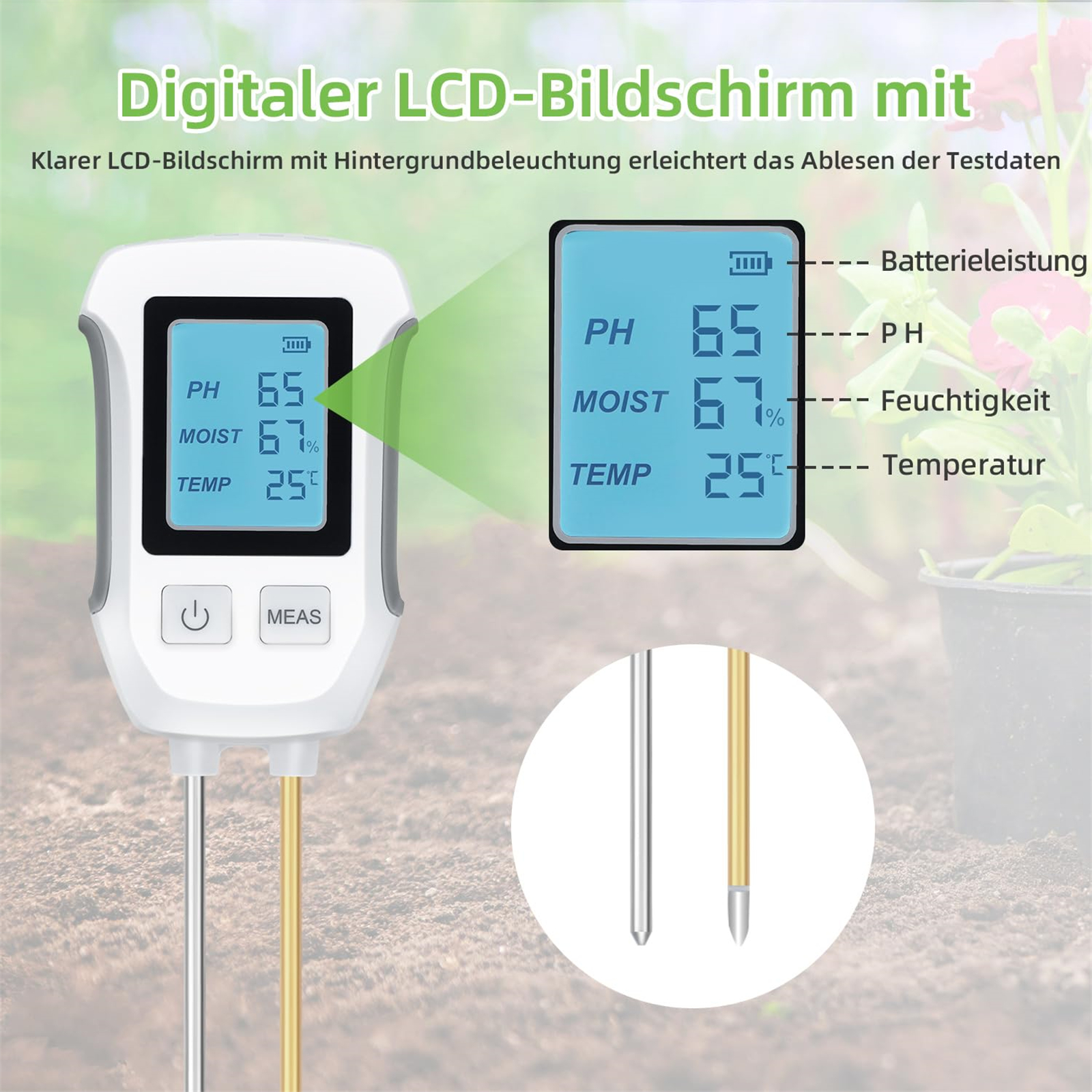 Weißes Bodentestgerät mit Digitalanzeige, zeigt pH-Wert, Feuchtigkeit und Temperatur an.