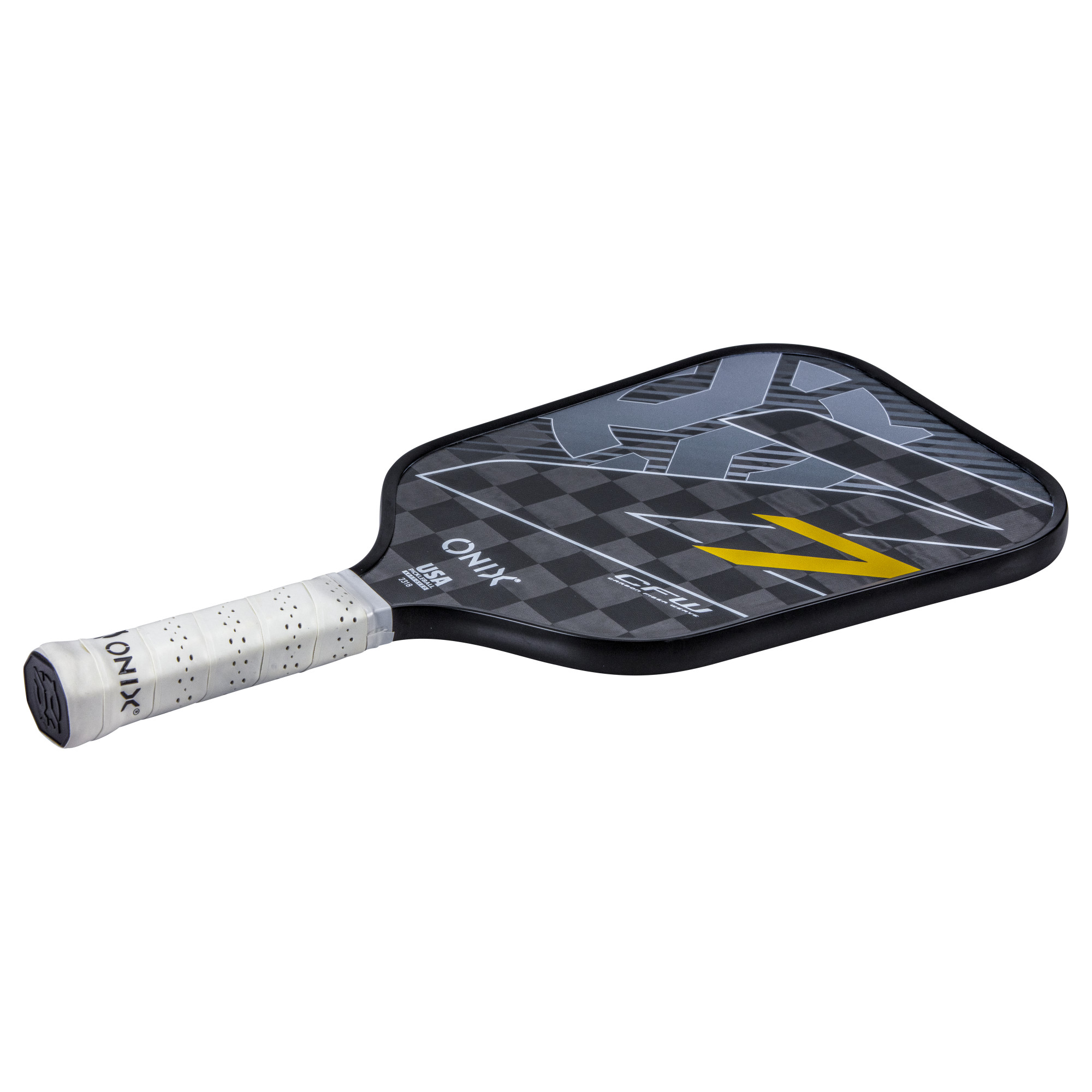 Schwarzer und grauer Pickleball-Schläger mit weißem Griff. Der Schläger hat das ONIX-Logo und einen gelben Streifen.
