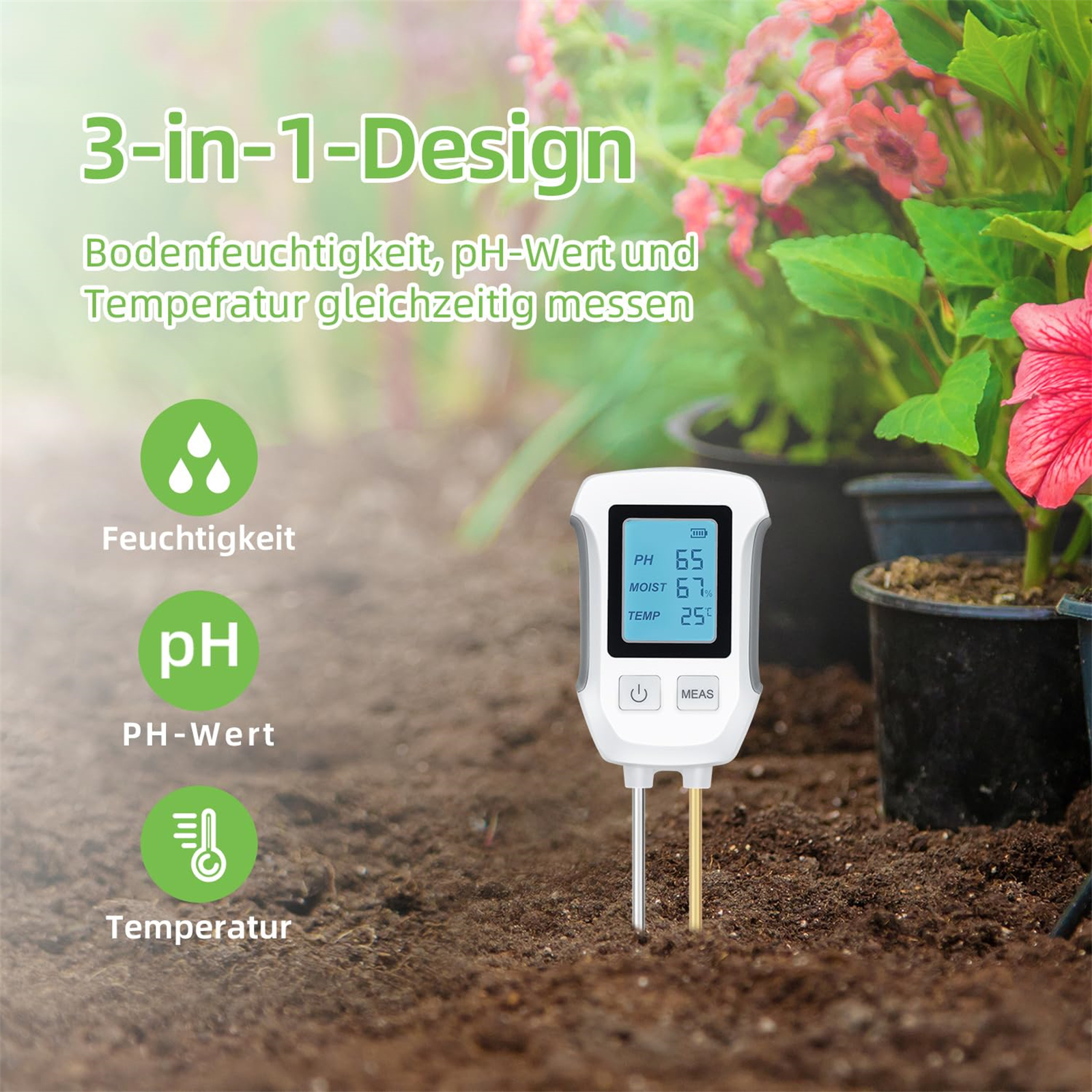 Ein Bodenmessgerät mit digitaler Anzeige in einer Gartenumgebung. Es misst Feuchtigkeit, pH-Wert und Temperatur.