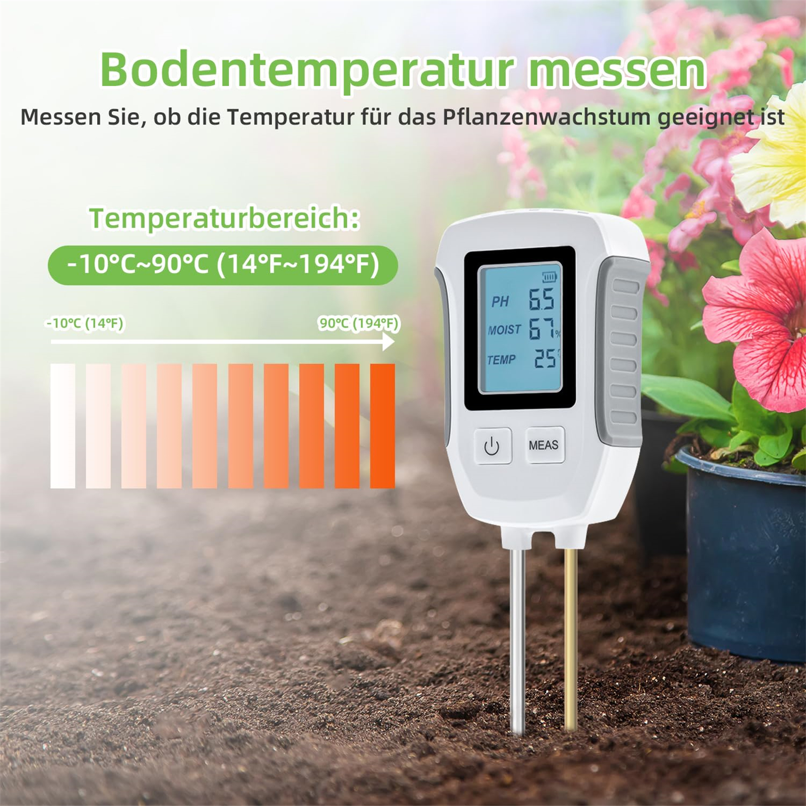 Ein Bodenmessgerät zeigt Temperatur, pH-Wert und Feuchtigkeit. Der Hintergrund hat Erde und Pflanzen.
