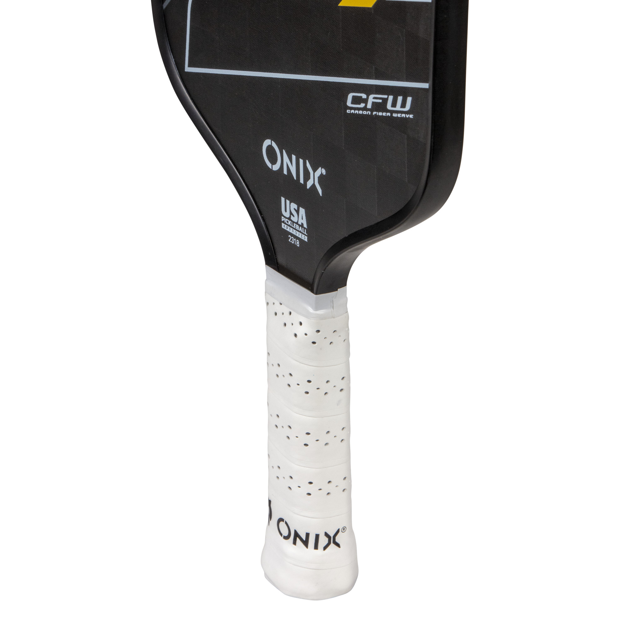 Nahaufnahme eines Pickleball-Schlägergriffs mit dem ONIX-Logo unten. Der Griff ist weiß.