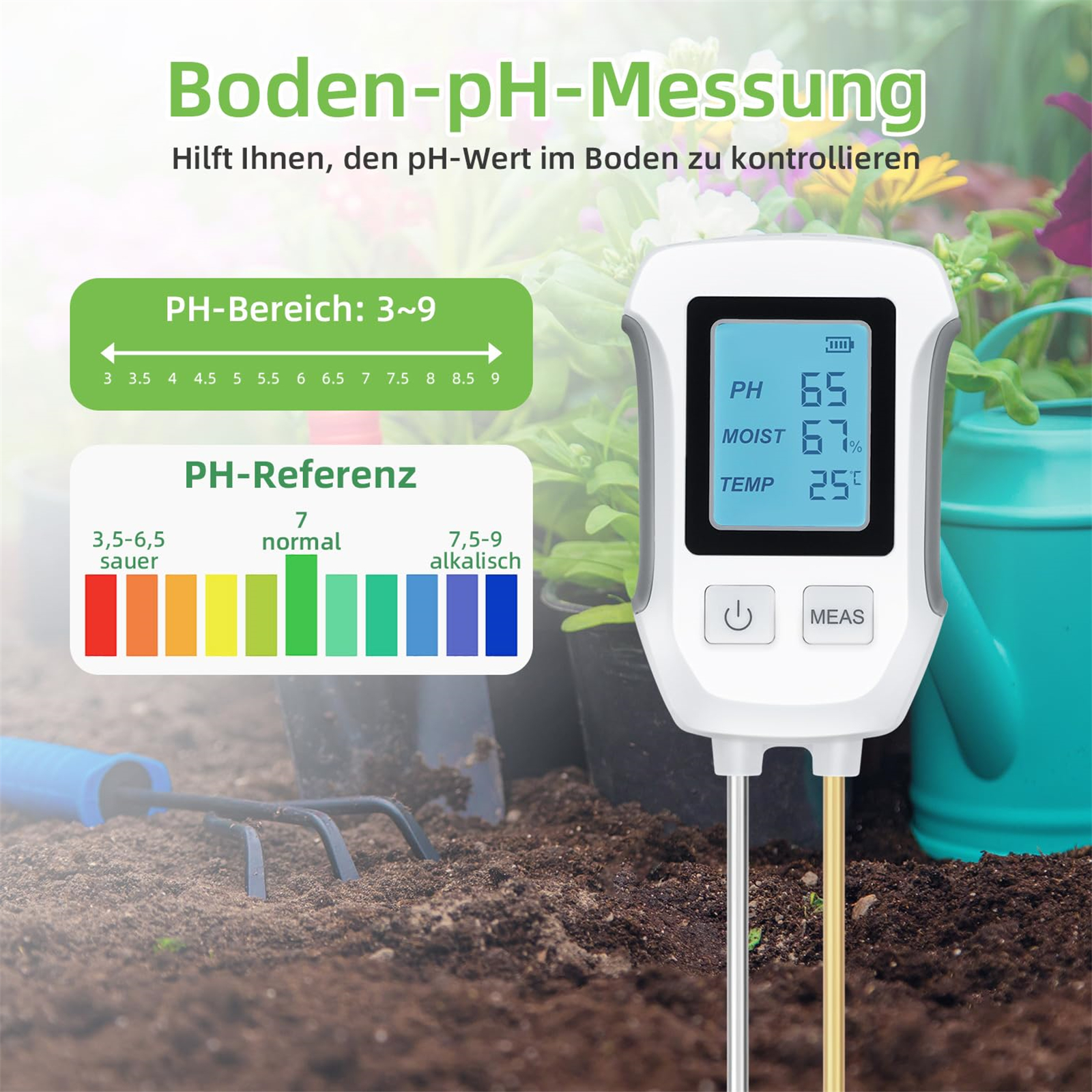 Ein Bodenmessgerät mit angezeigten pH-Werten. Der Hintergrund umfasst Erde, Pflanzen und Gartengeräte.