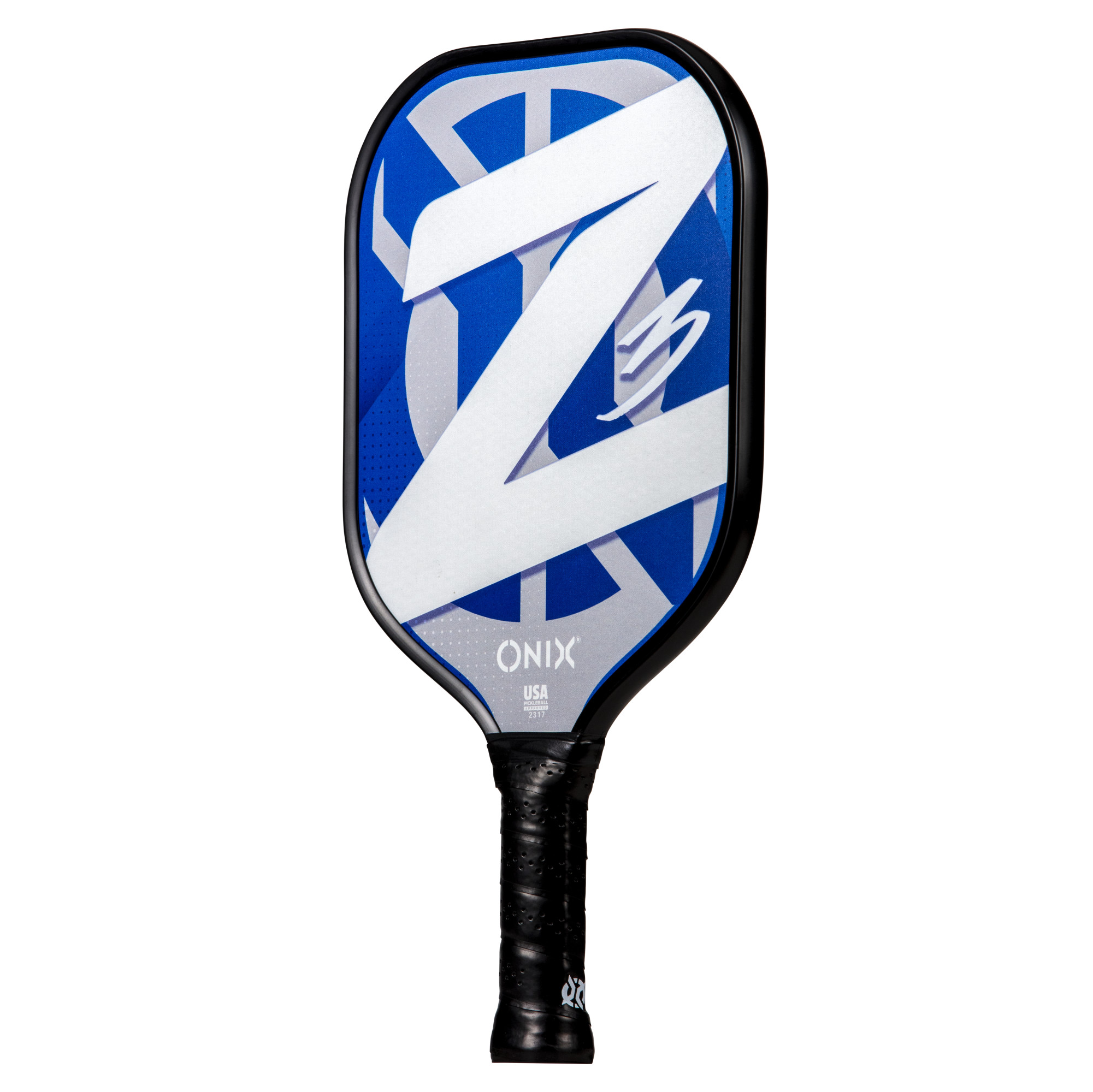 Blau-weißer Pickleball-Schläger. Der Schläger hat einen schwarzen Griff und ein weißes Z-Logo.