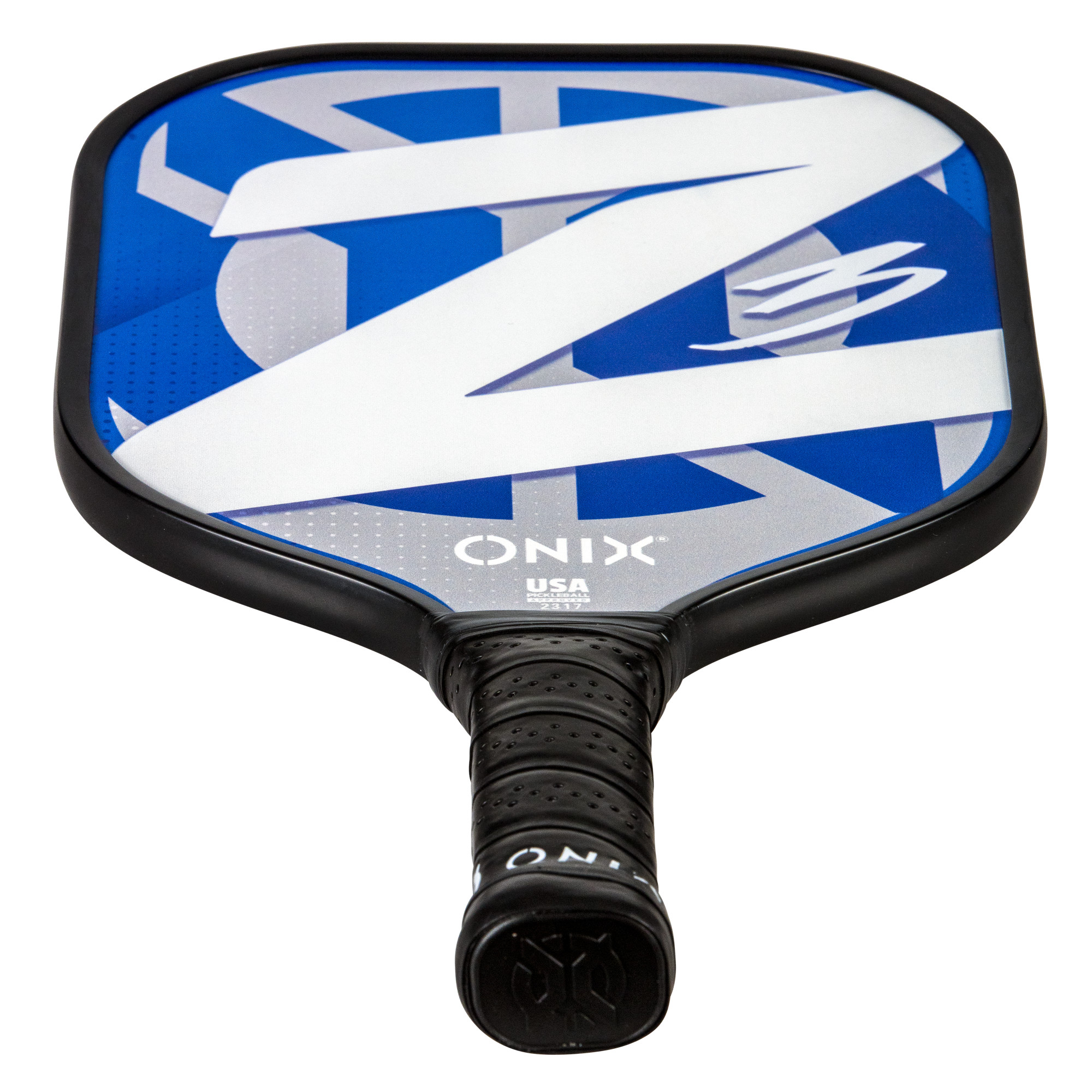 Ein Pickleball-Schläger mit blauem und weißem Design und dem 'ONIX'-Logo. Schwarzer Griff.