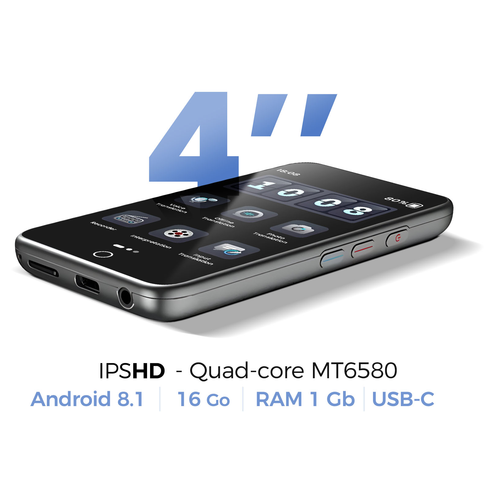 Ein schwarzes Smartphone mit 4" Display, App-Icons. Text: Android 8.1, 16GB, RAM 1GB, USB-C.