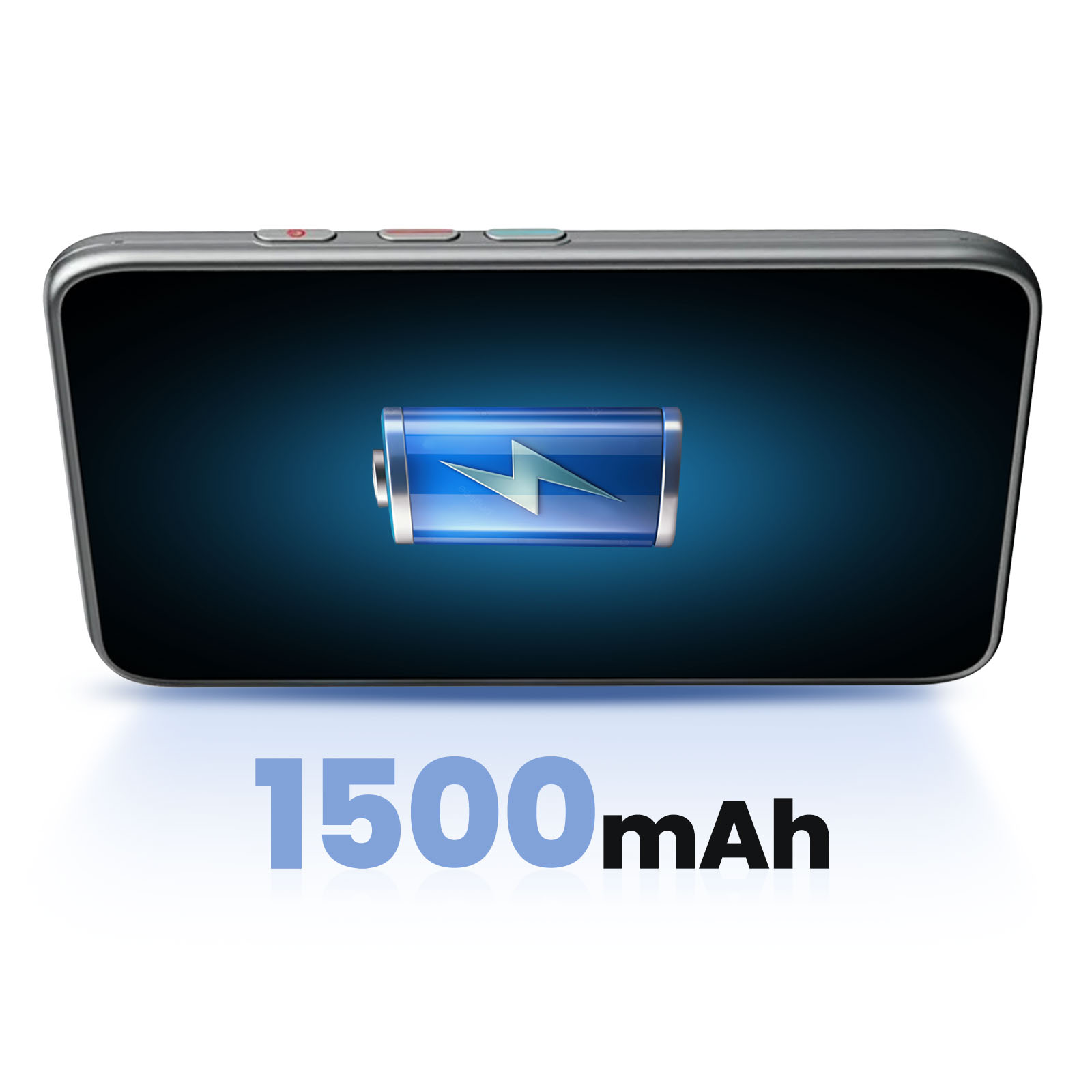 Ein Telefon zeigt einen Akku mit Blitz und darunter 1500 mAh.