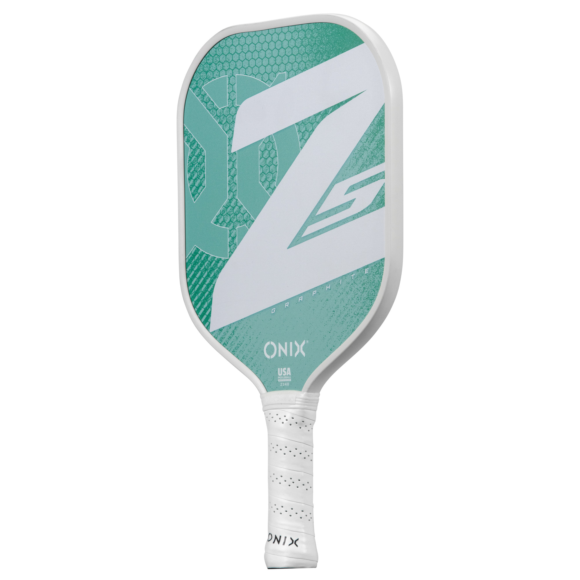 Ein weißer und blaugrüner Pickleball-Schläger mit dem Wort ONIX.