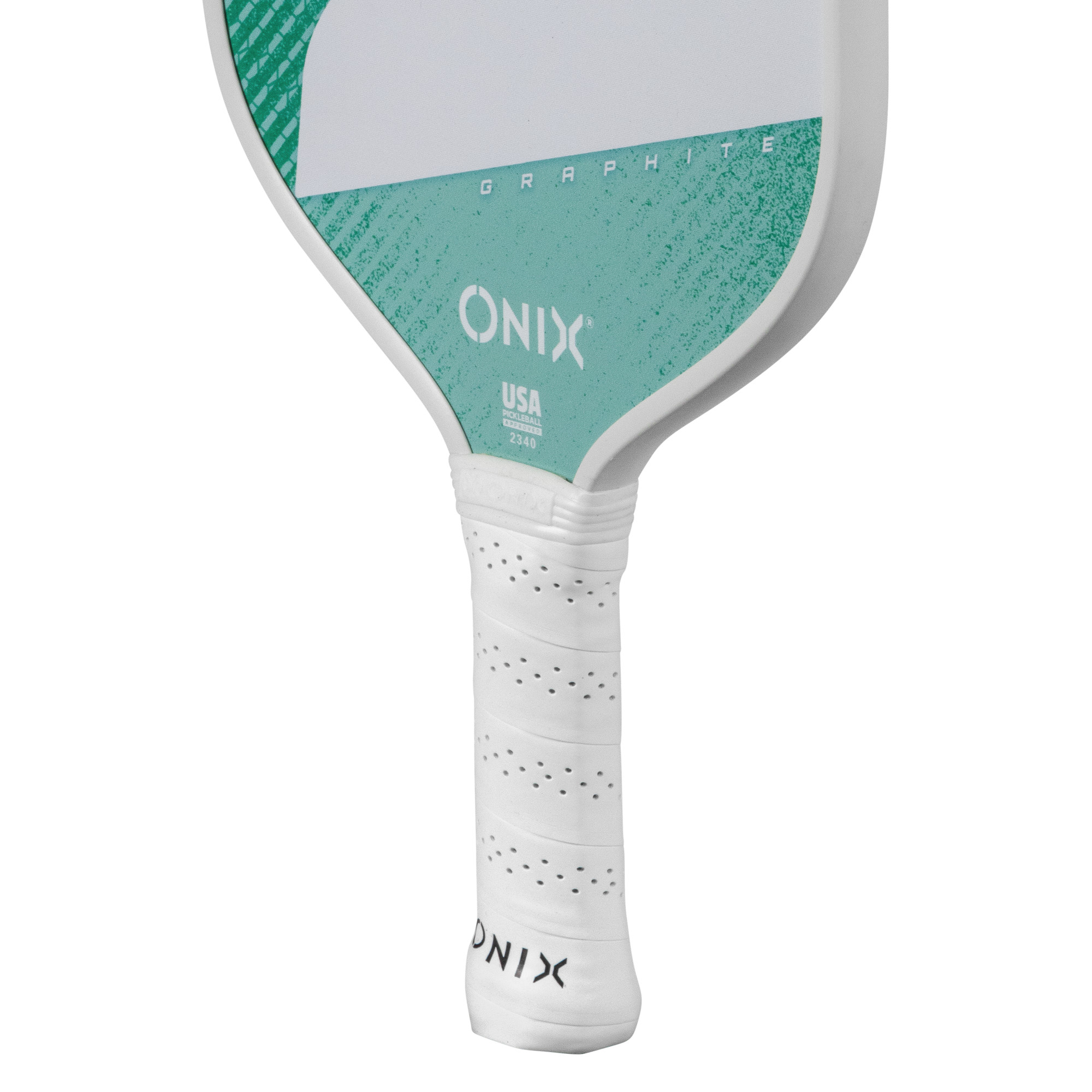 Nahaufnahme eines Pickleball-Schlägers mit weißem Griff, weißem Griff und dem Schlägerkopf mit ONIX- und USA-Etikett.
