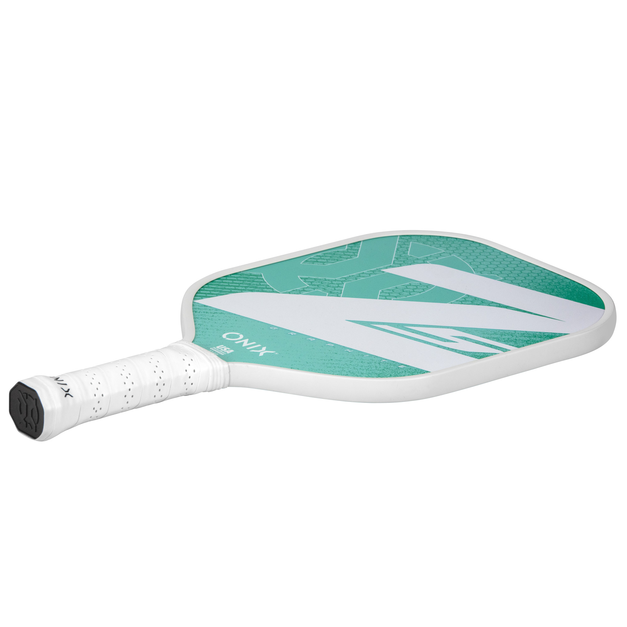 Ein weißer und blaugrüner Pickleball-Schläger liegt auf dem Boden.