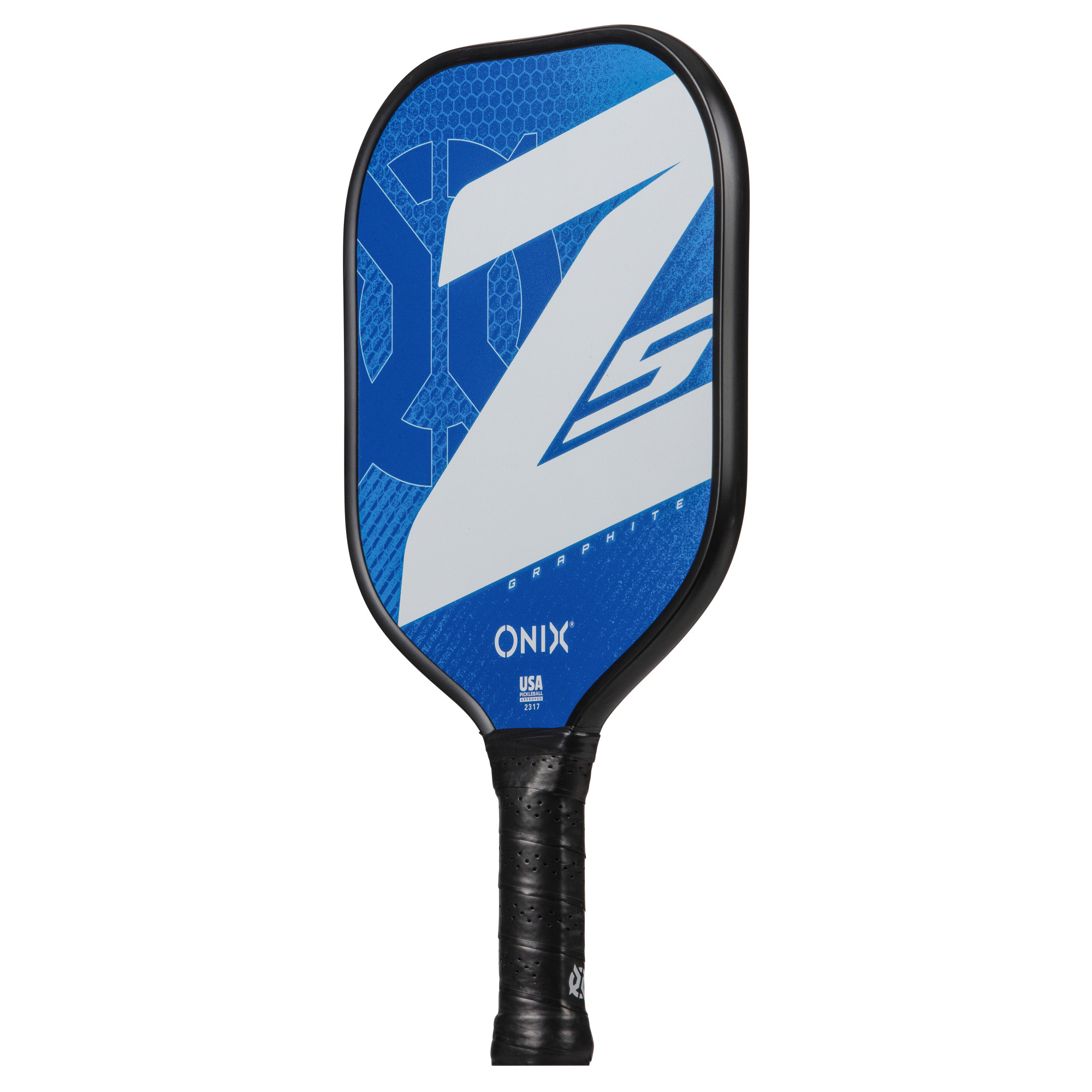 Pickleball-Schläger mit blauem Kopf, weißem Z-Design, schwarzem Griff. ONIX und USA sichtbar.