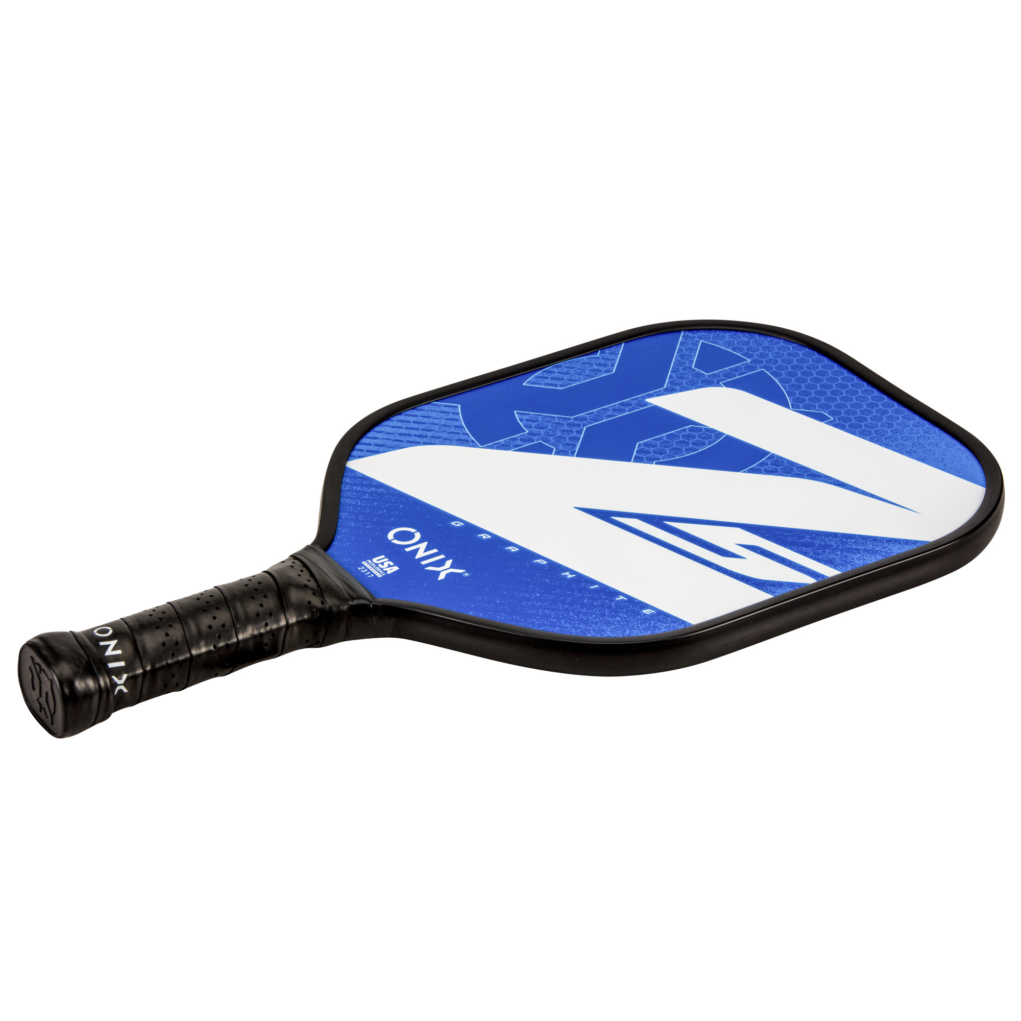 Ein Pickleball-Schläger mit blau-weißem Design, schwarzem Griff und der Marke ONIX.