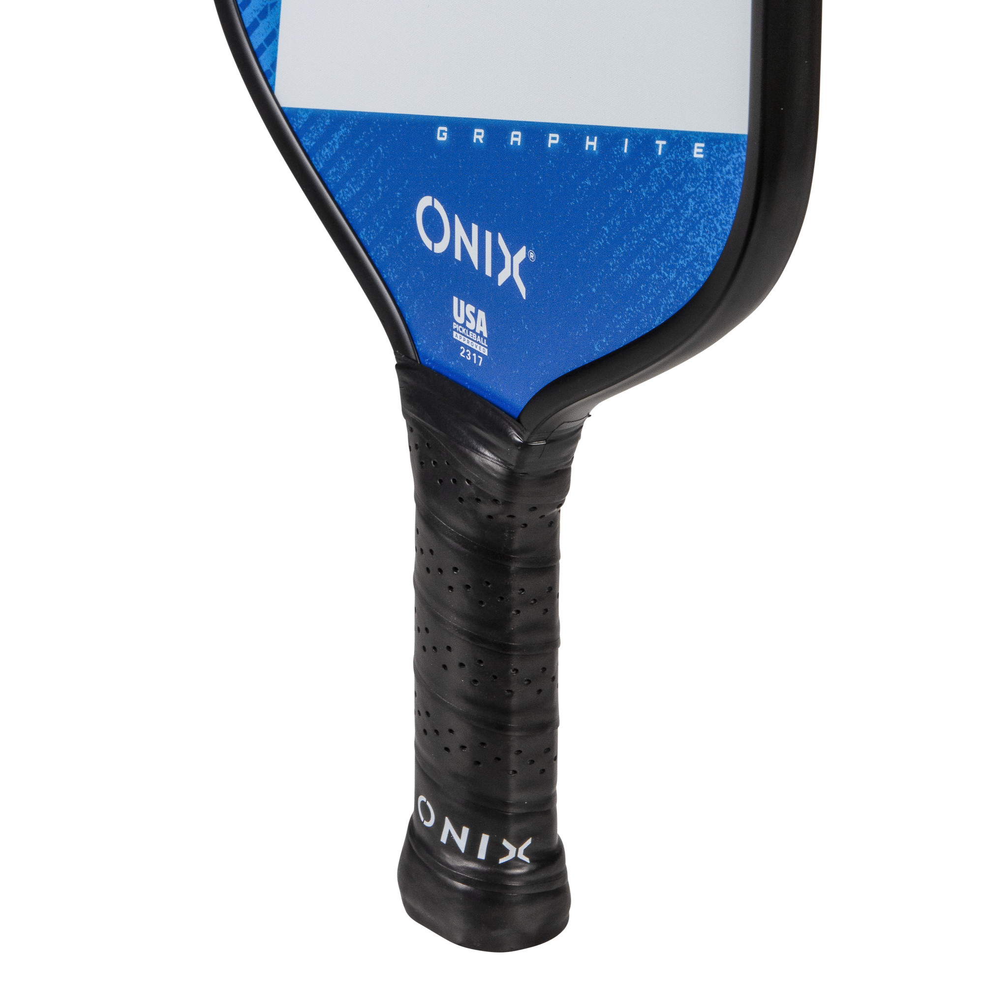 Nahaufnahme eines schwarzen Pickleball-Schlägergriffs mit dem ONIX-Logo. Der Griff ist strukturiert.