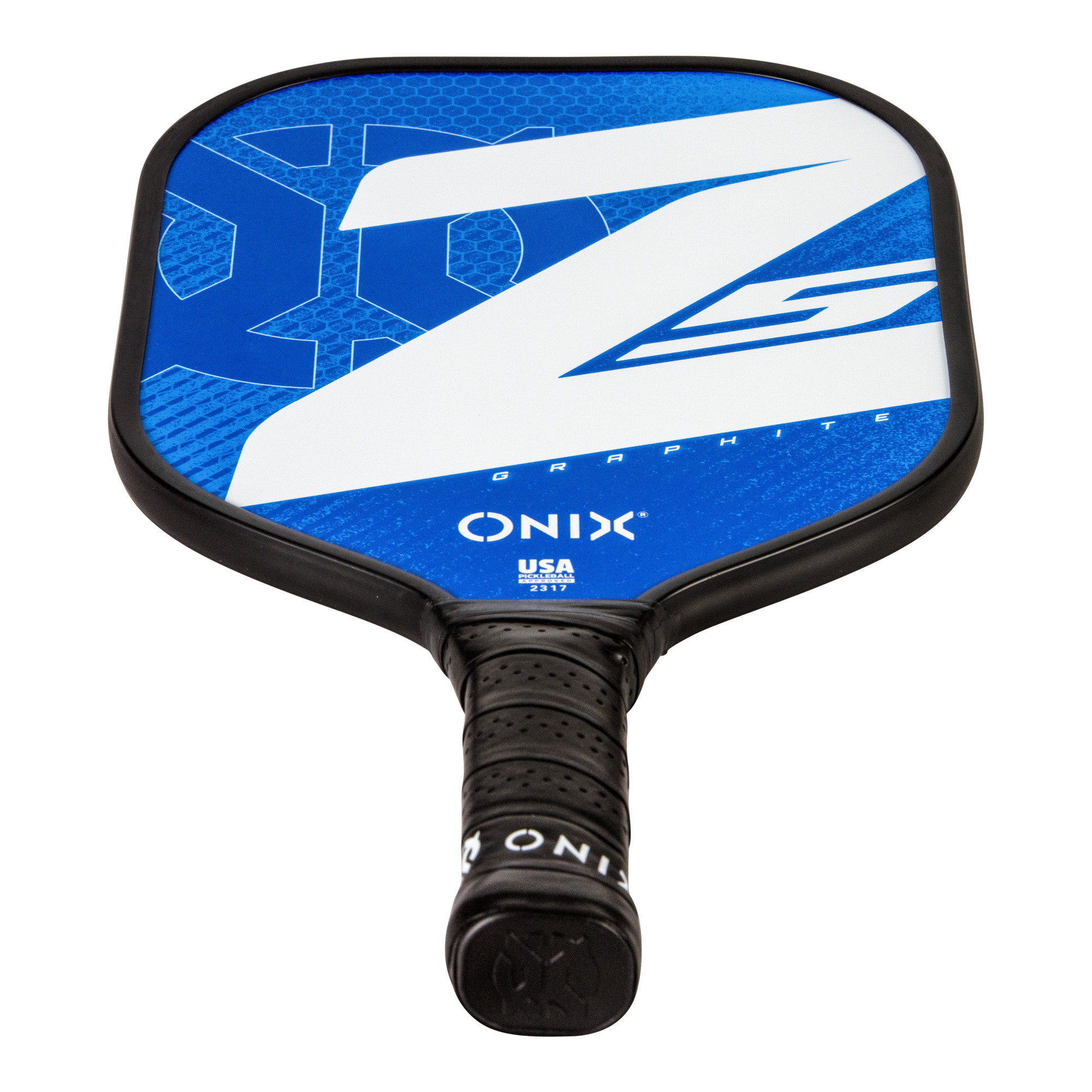 Ein Pickleball-Schläger mit blau-weißem Design, schwarzem Griff und der Marke ONIX wird gezeigt.